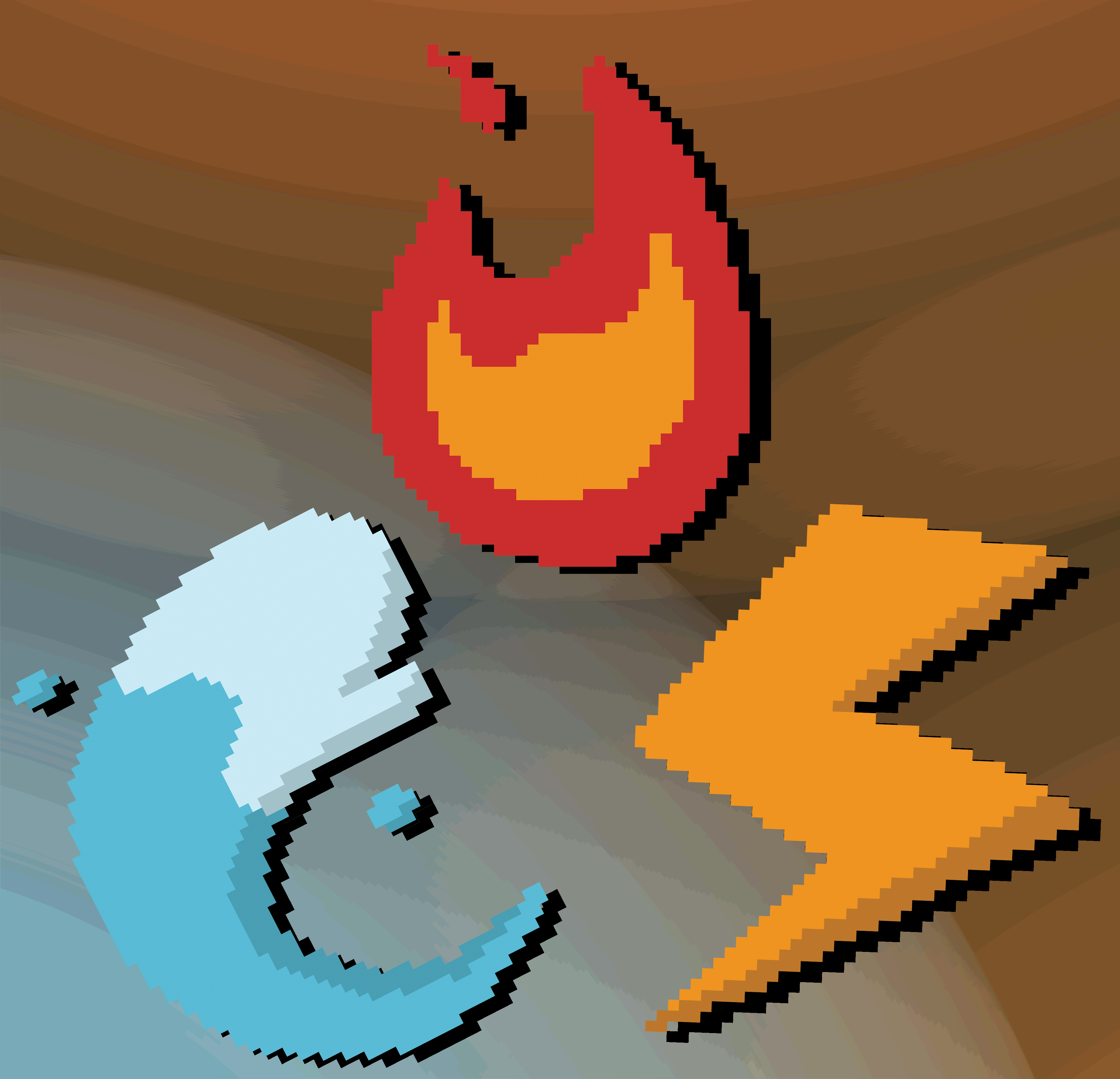 pixel art of elements fire, water and lightning