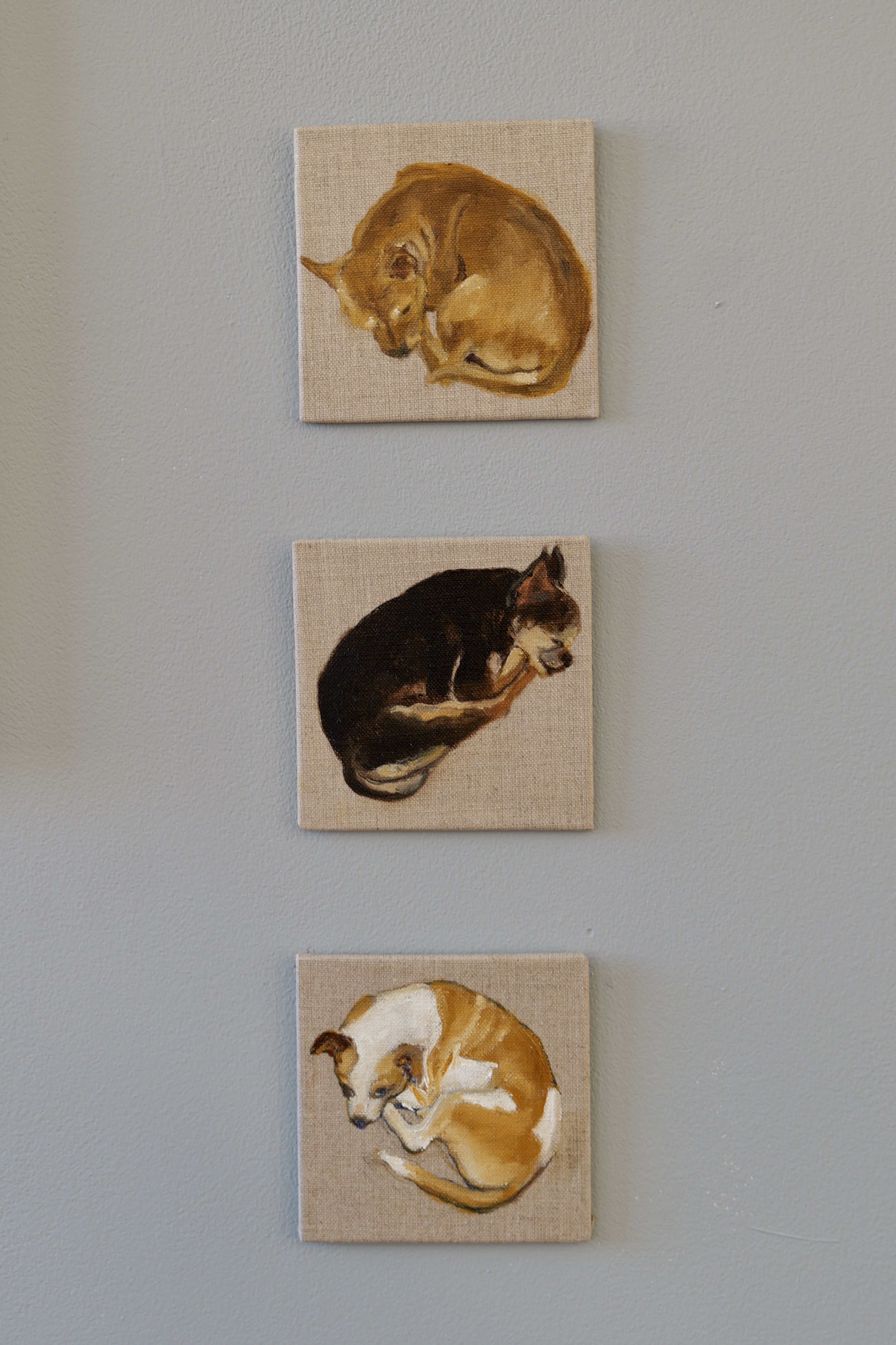 3 small paintings of dogs