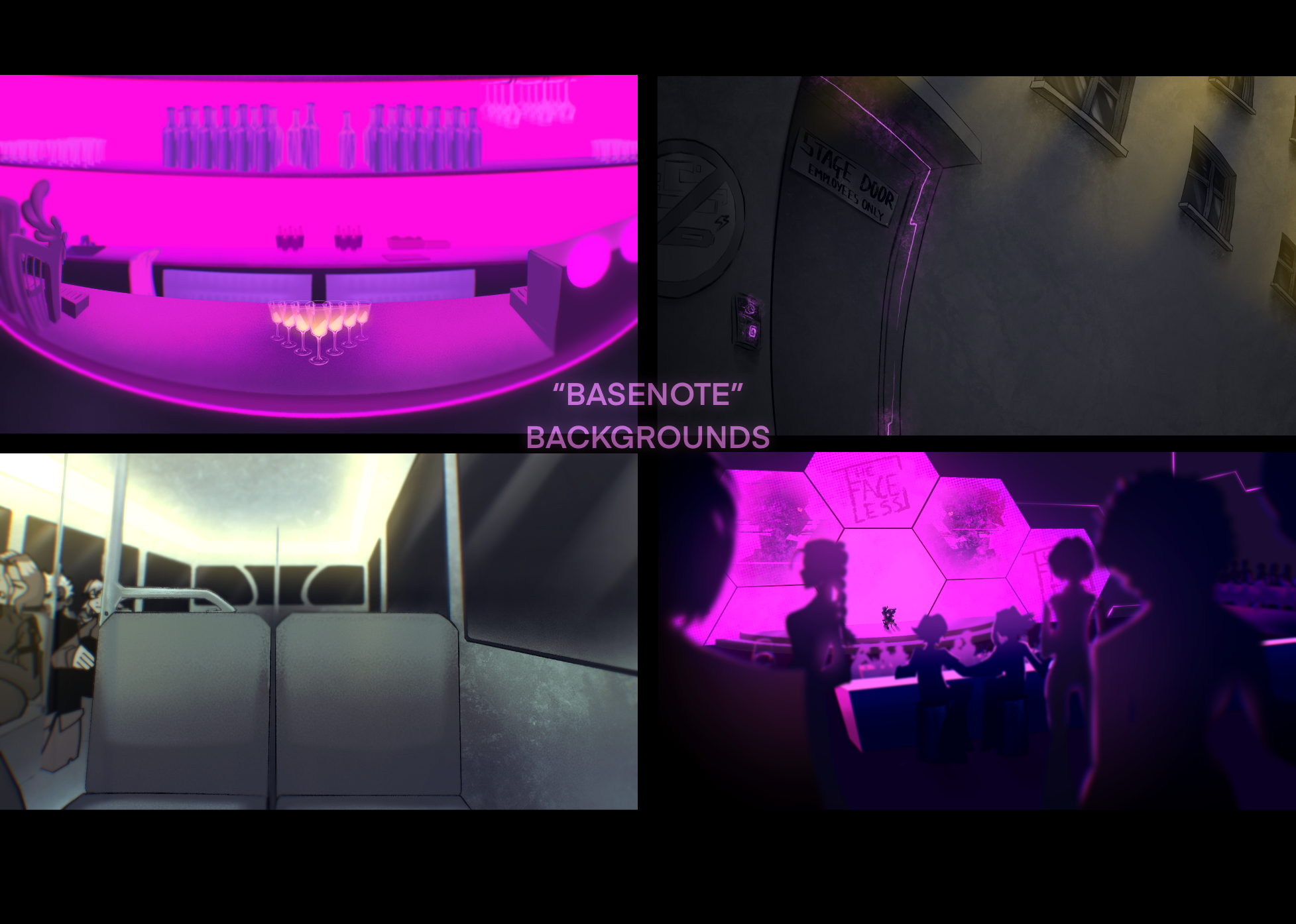 Four backgrounds featured in BASENOTE, featuring two from the bar scene, one from the walking sequence, and another from the bus scene.