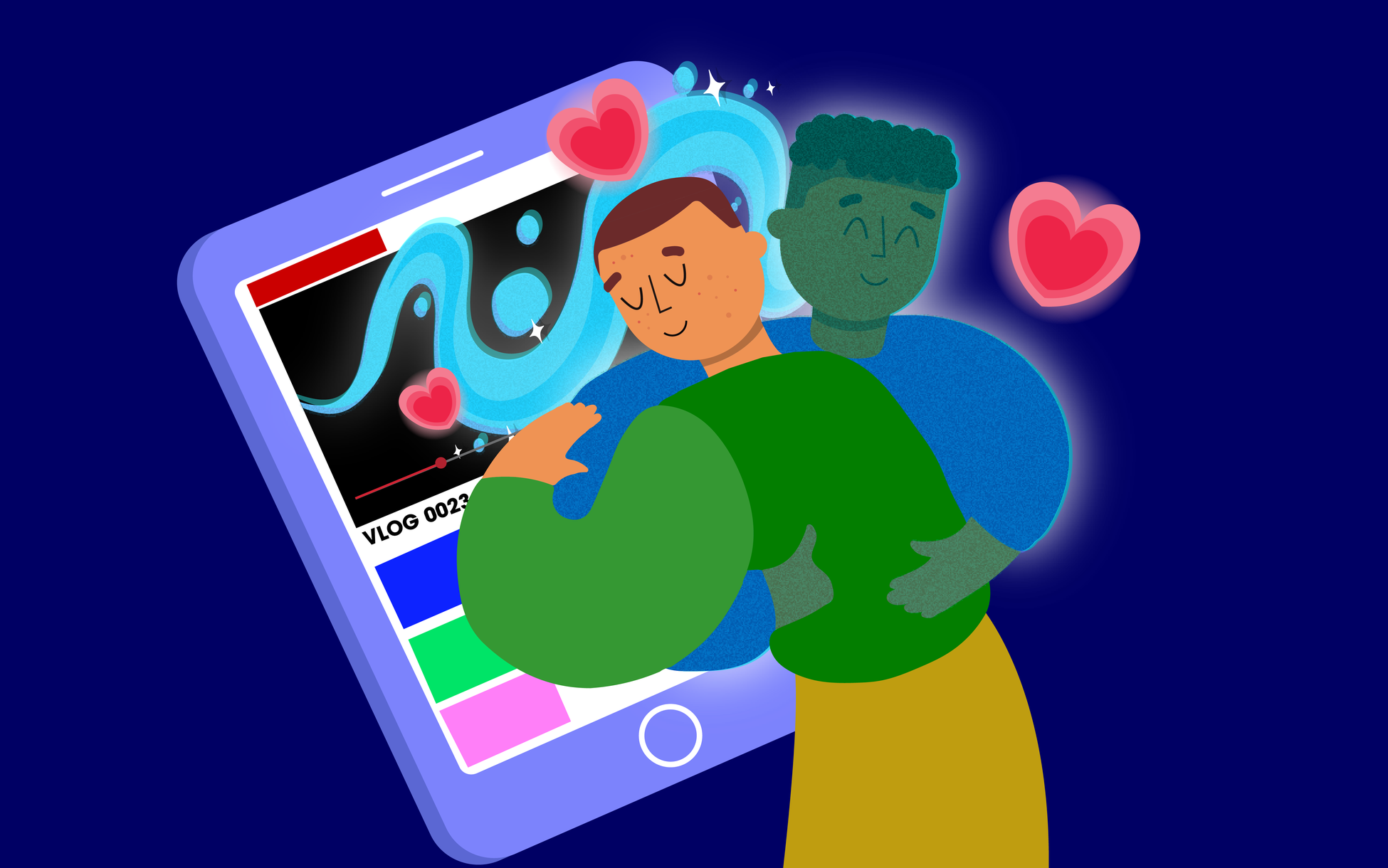 A young person hugs a virtual character emerging from a phone.
