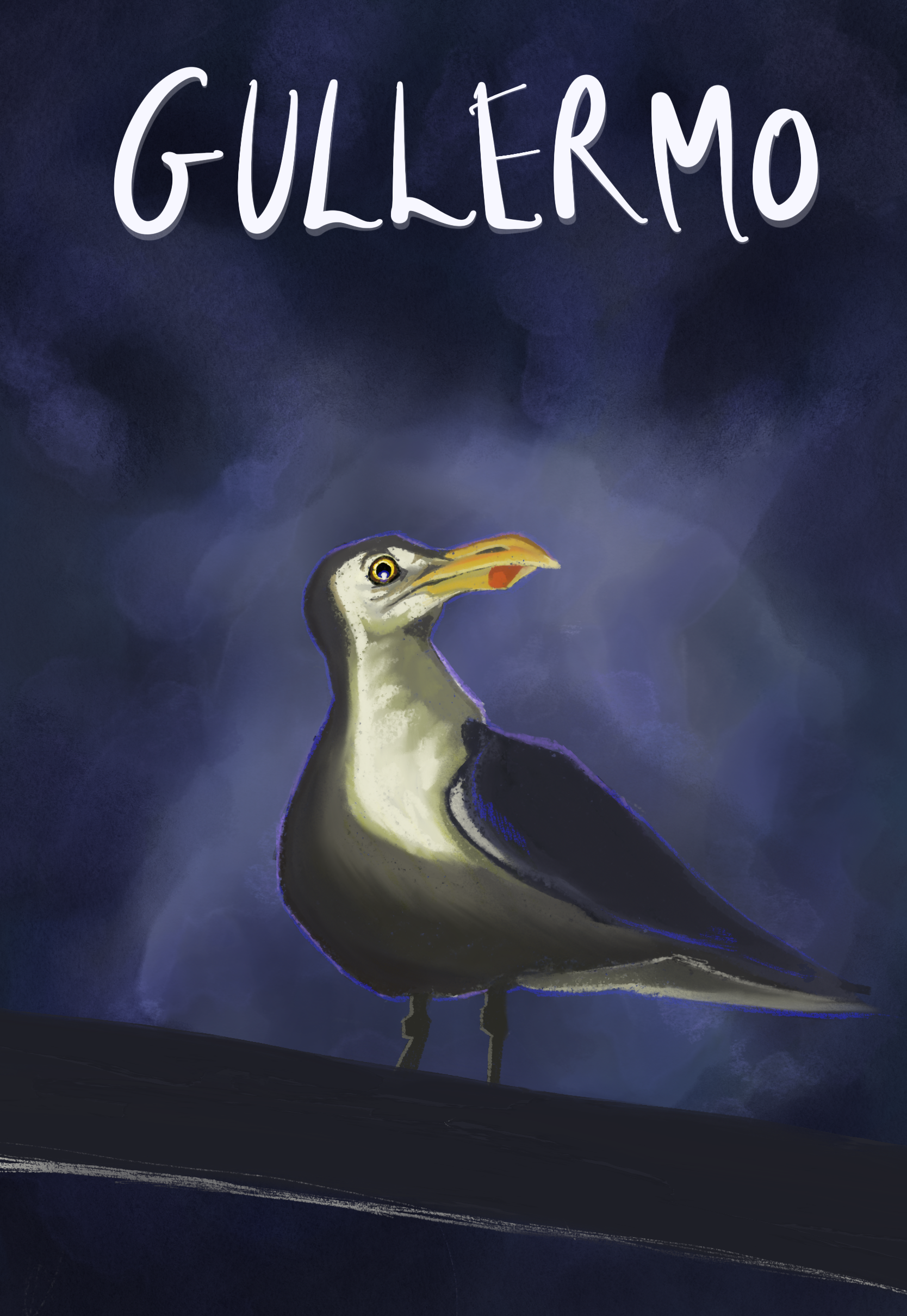 A digitally drawn movie poster titled 'GULLERMO'. A stylized seagull is looking down at the camera from a balcony railing, underlit menacingly against a dark blue night sky. 