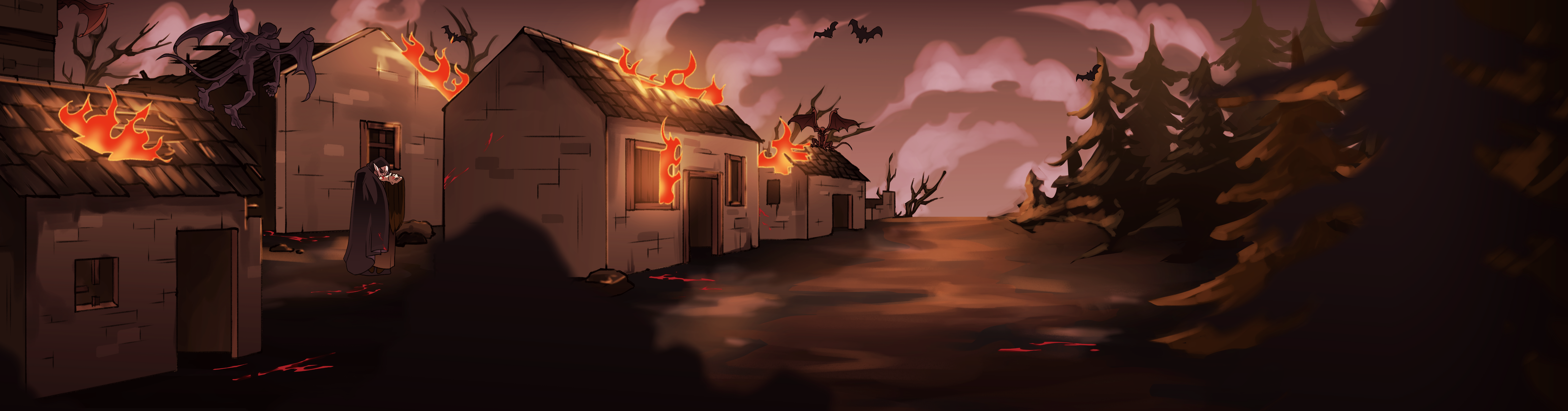 A background drawn for 'Blood Ties', depicting a village under siege by vampires.