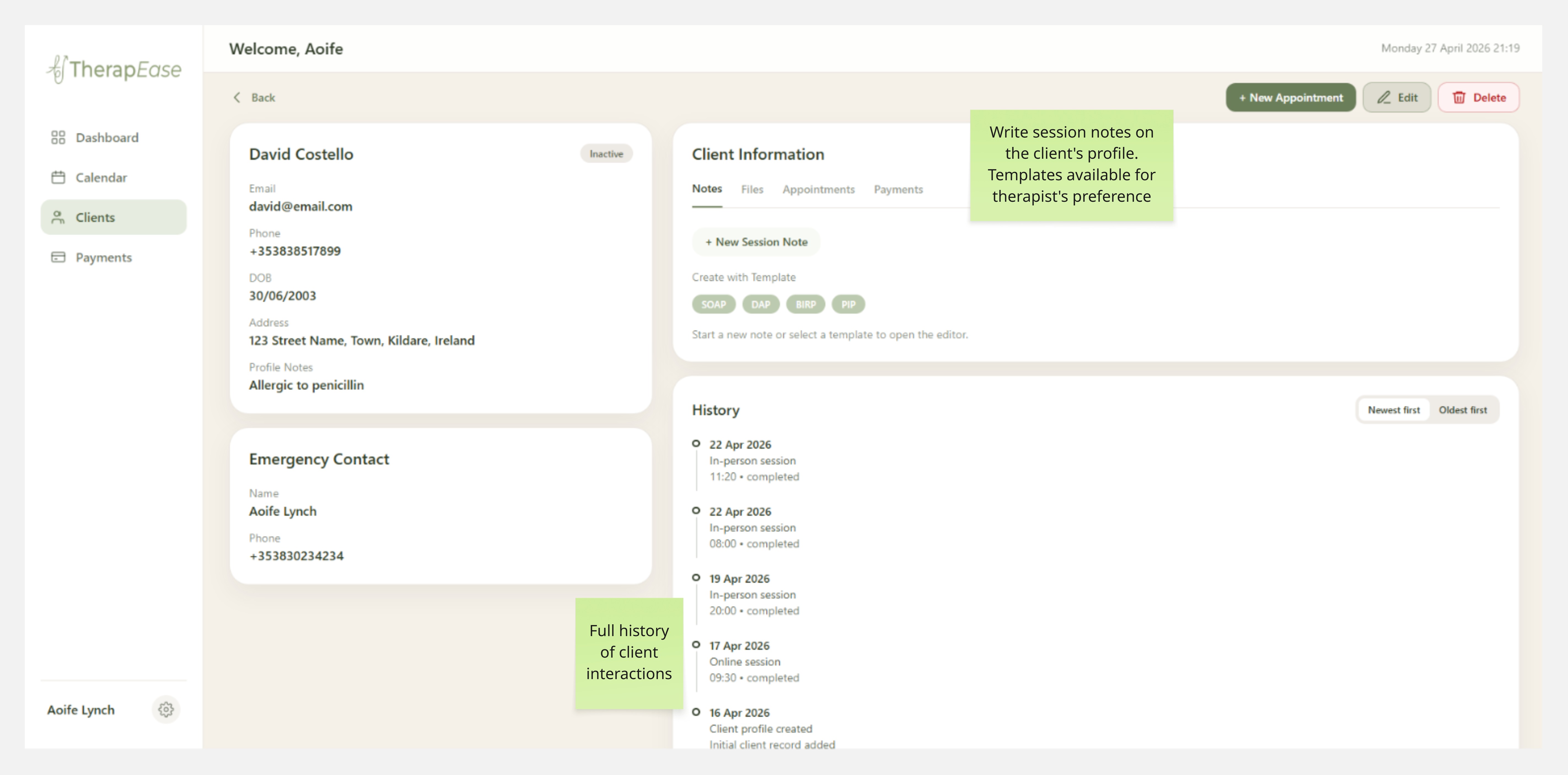 Client profile page showing the client's details, note editor and history