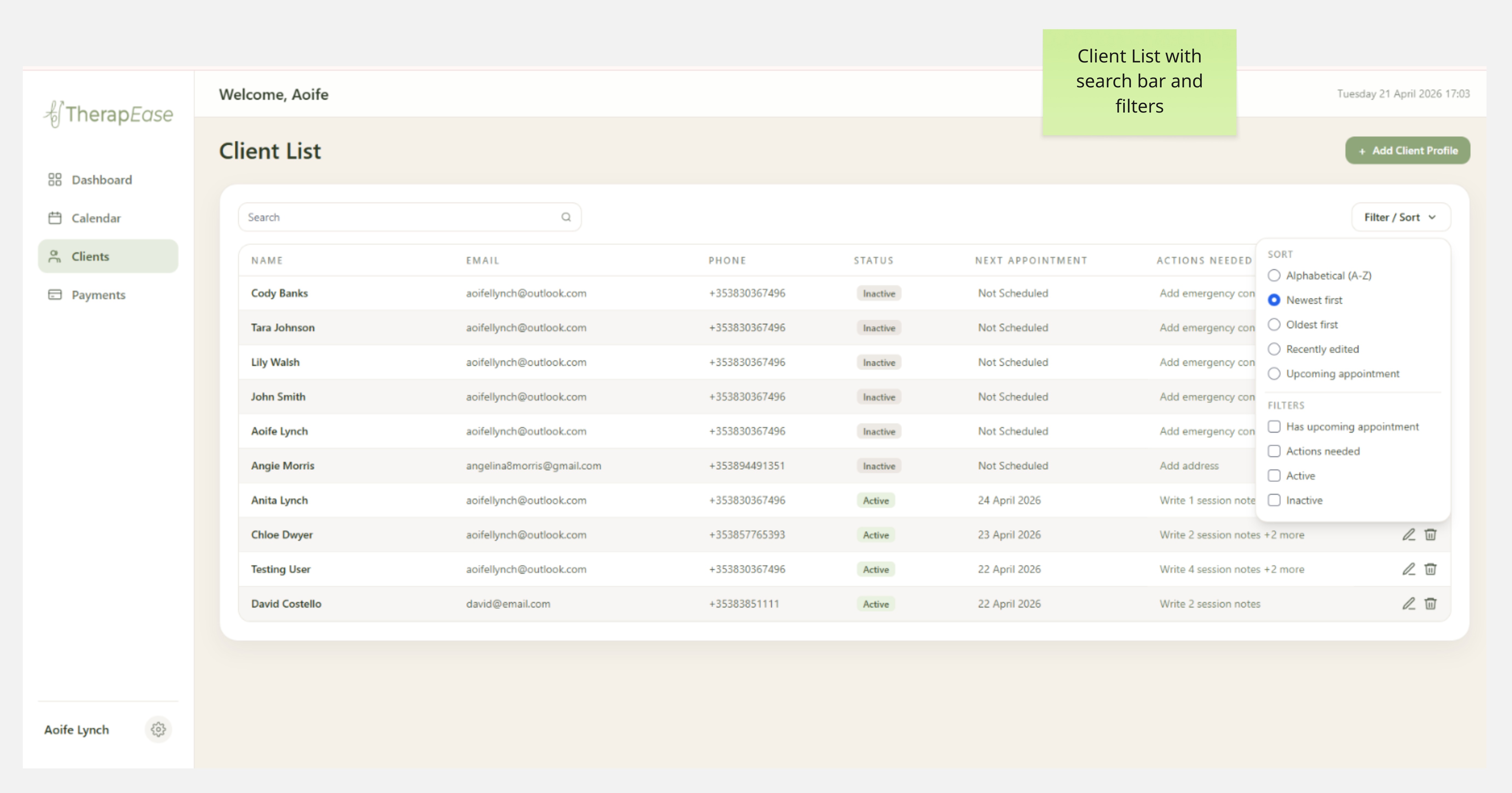 Client list page showing a table of clients