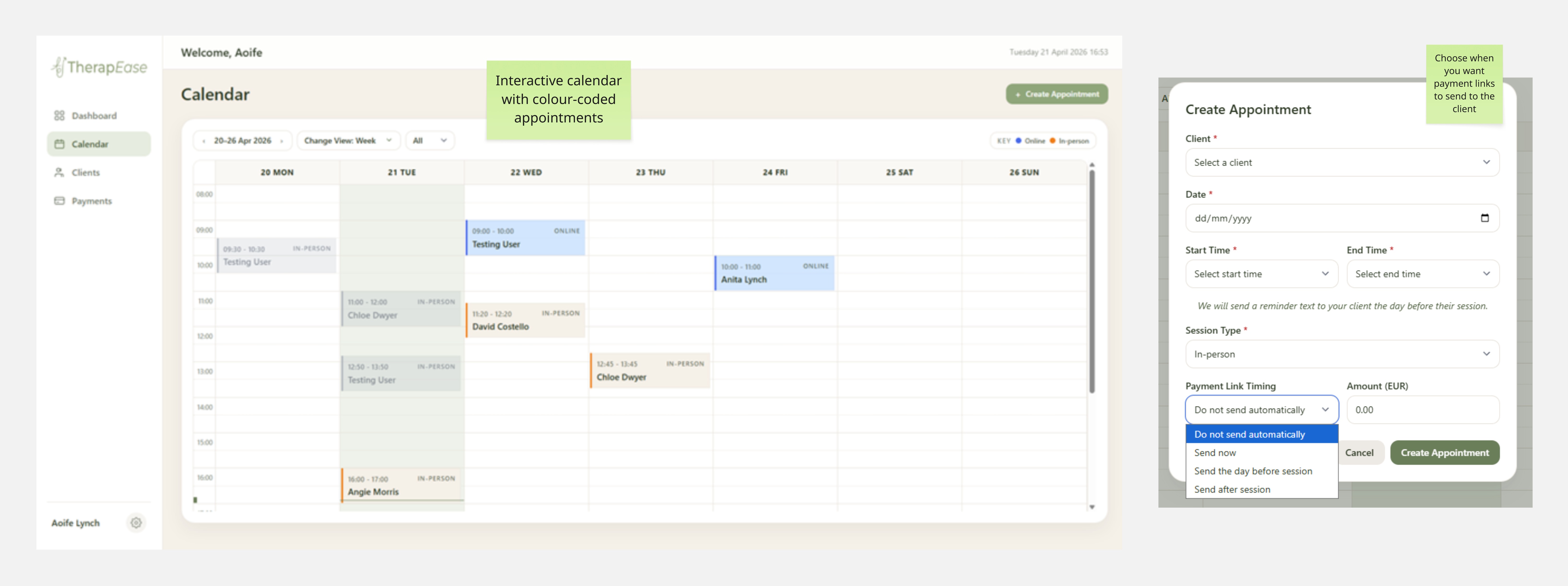 Calendar page and "create appointment" modal showing payment link timing options