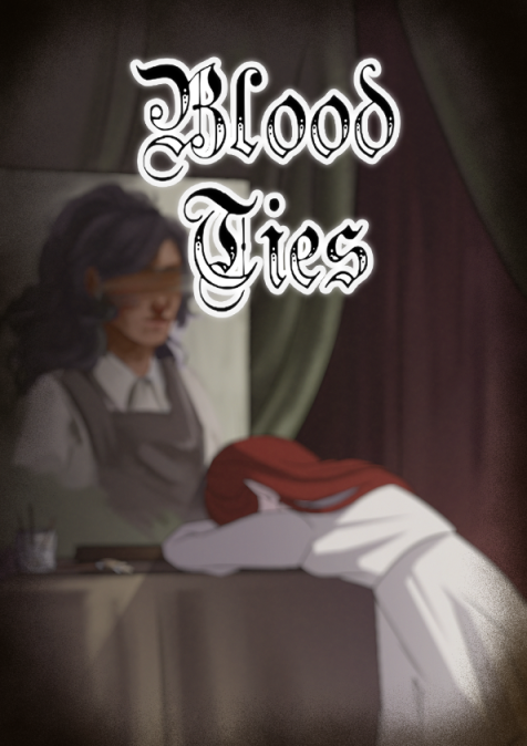 Thumbnail drawn image for the project 'Blood Ties', showing a woman kneeling in front of an unfinished portrait, with the title text displayed overtop.