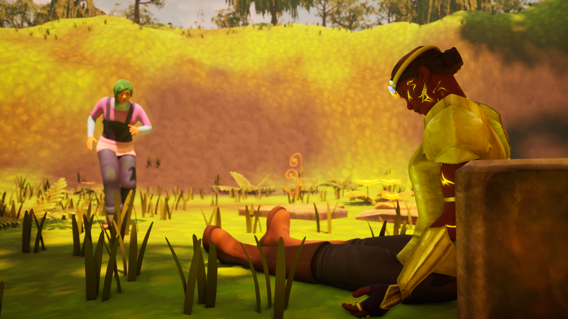 Edwina slowly walking toward the slumped figure who wears gold armor.