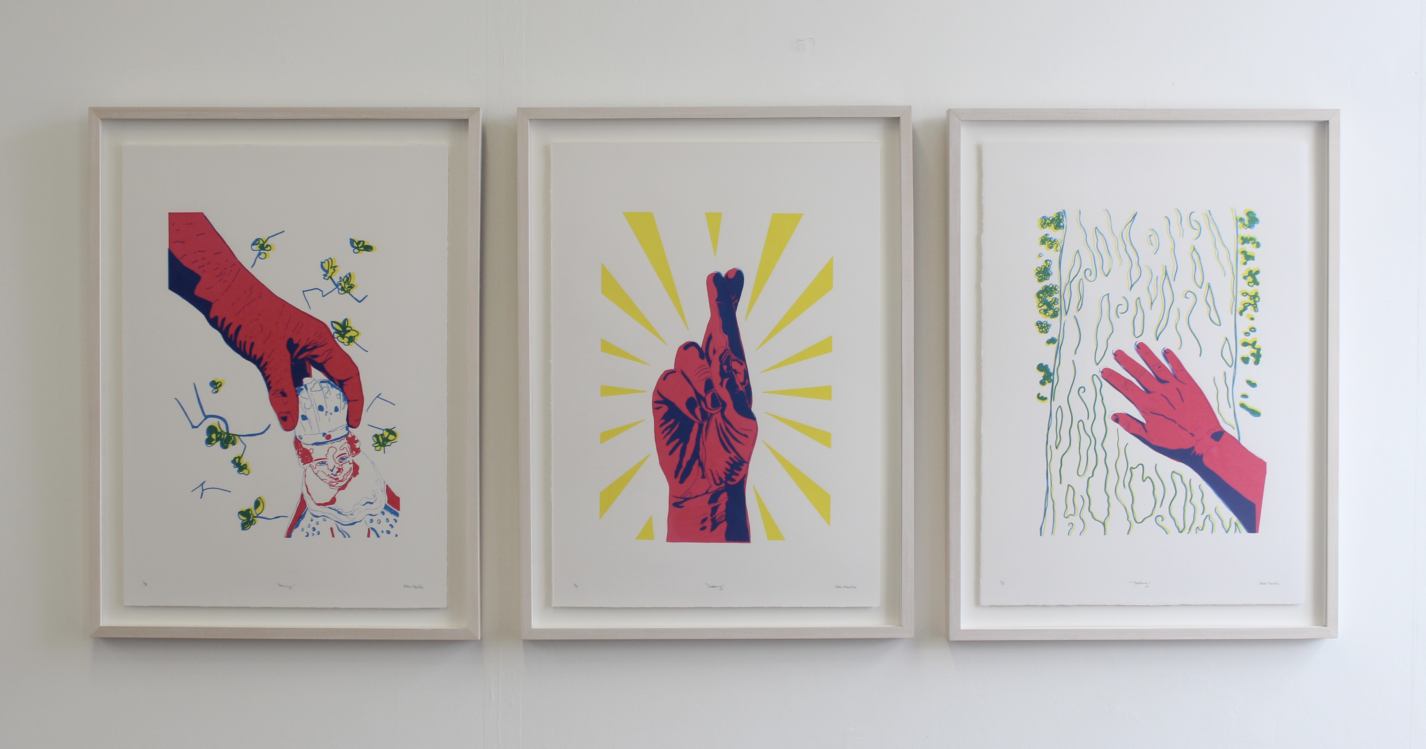 **Placing, Crossing, Touching,* 2026, Triptych screen prints on Fabriano, 50.5cm x 68.3cm