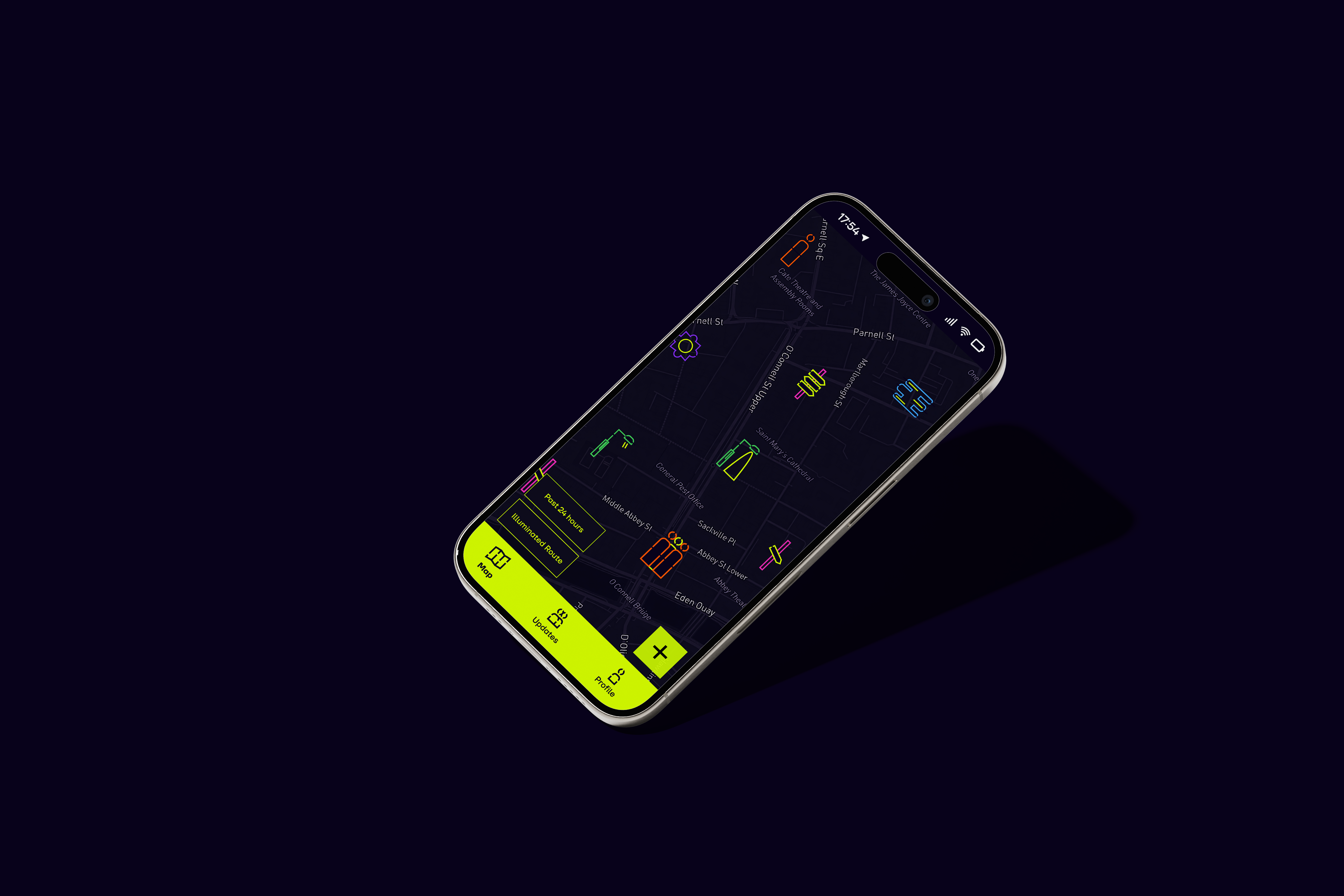 image of phone with map and colourful icons on it 