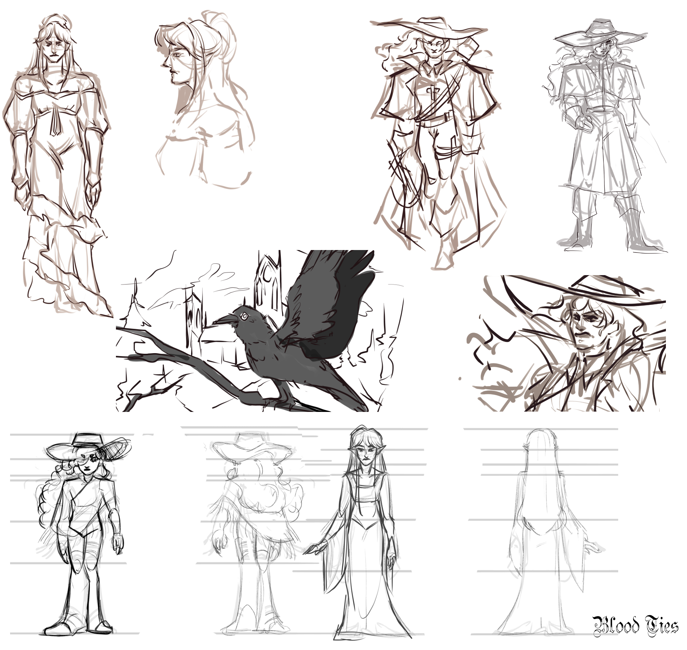 Initial Sketches of the main characters and a storyboard thumbnail from the project 'Blood Ties'.