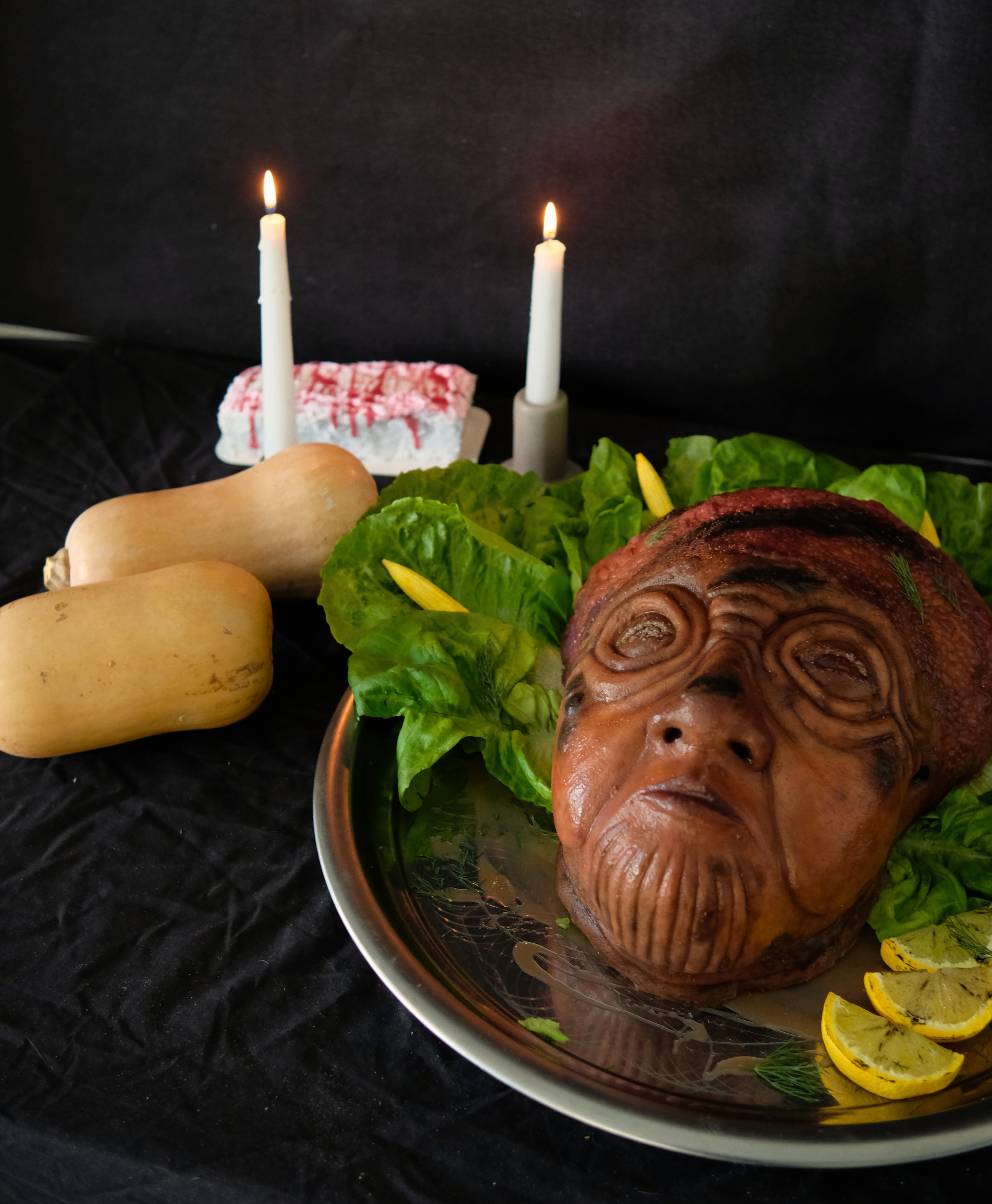Cooked Alien Head Appetizer with Banquet Foods.