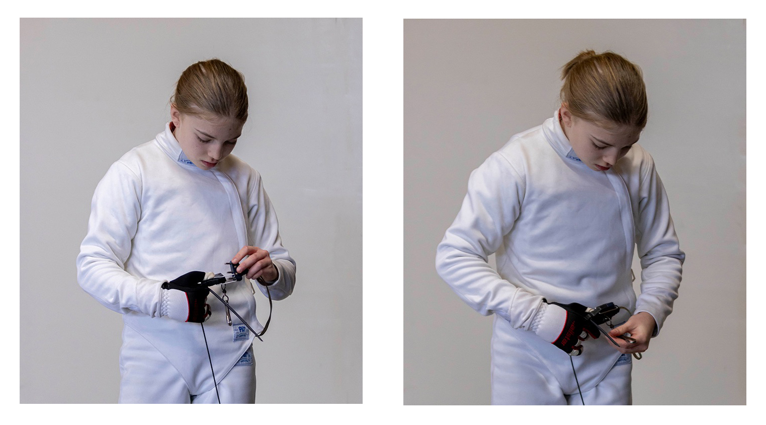Young Fencer adjusts her equipment