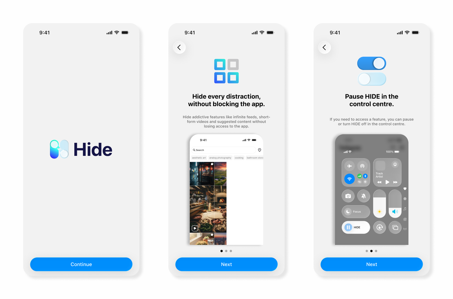 Onboarding screens for HIDE app.