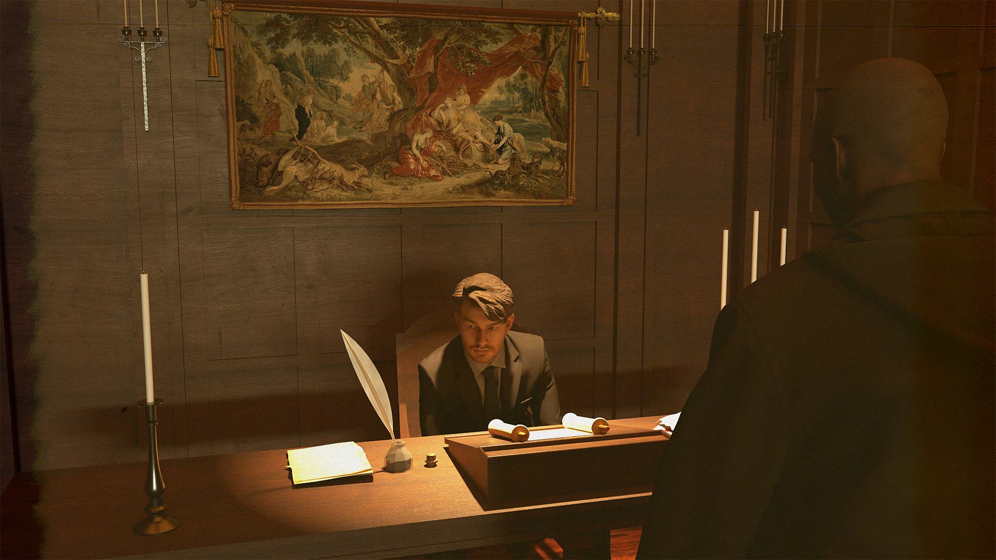 A darkened hallway illuminated by candlelight. A man sits at a desk with a piece of parchment and a feather quill. Behind him there's a tapestry on the wooden wall, and in the corner of the frame there's another male figure.