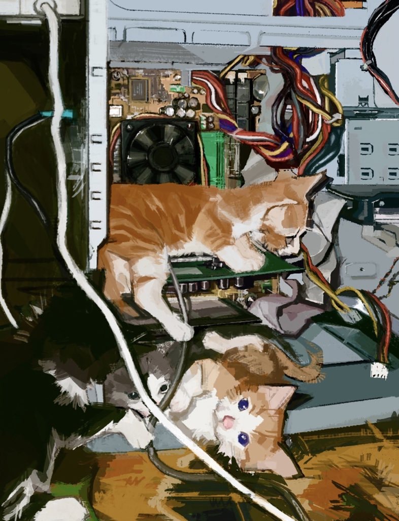 A digital drawing of three kittens playing in a PC