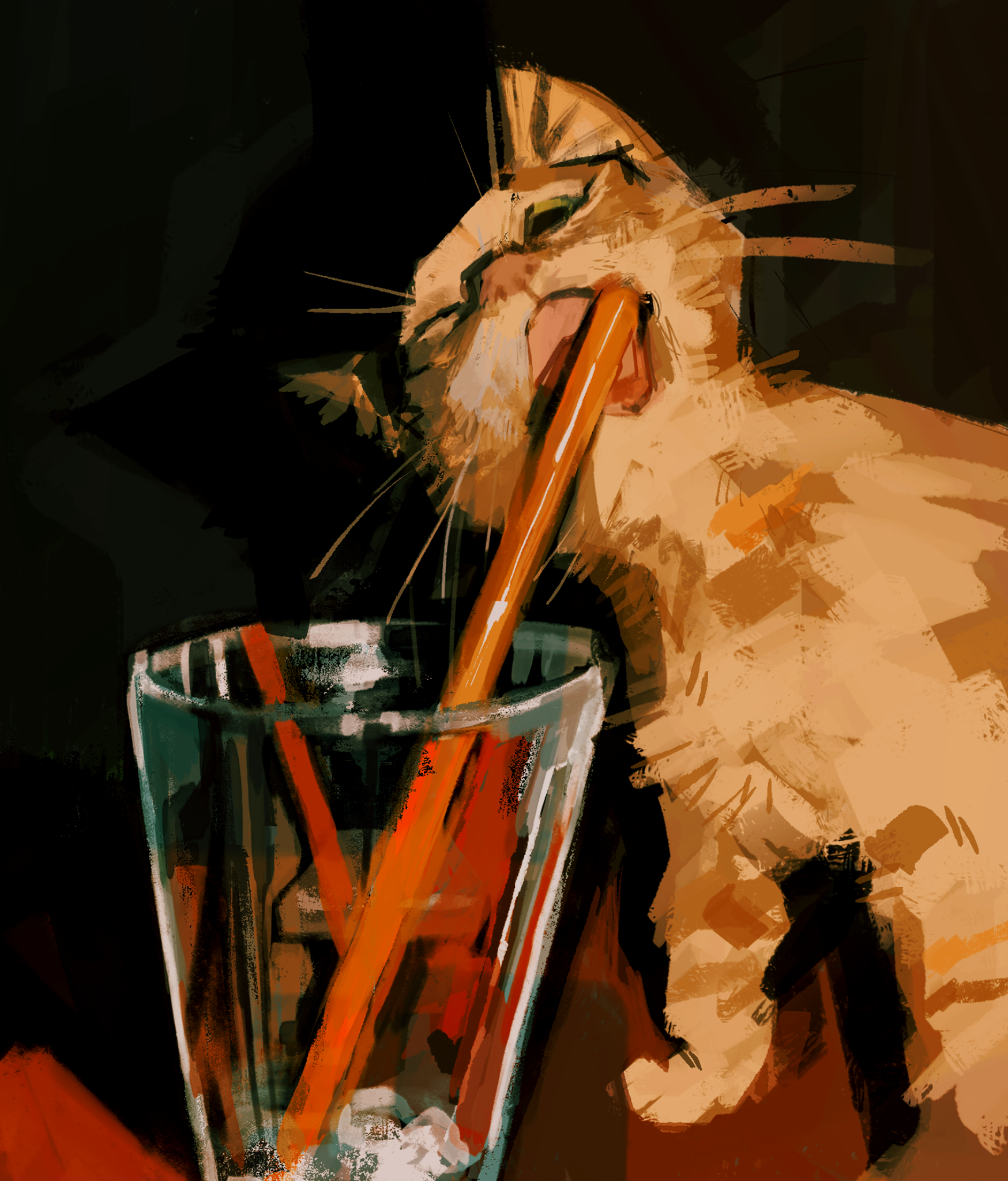 A digital painting of a kitten playing with a straw