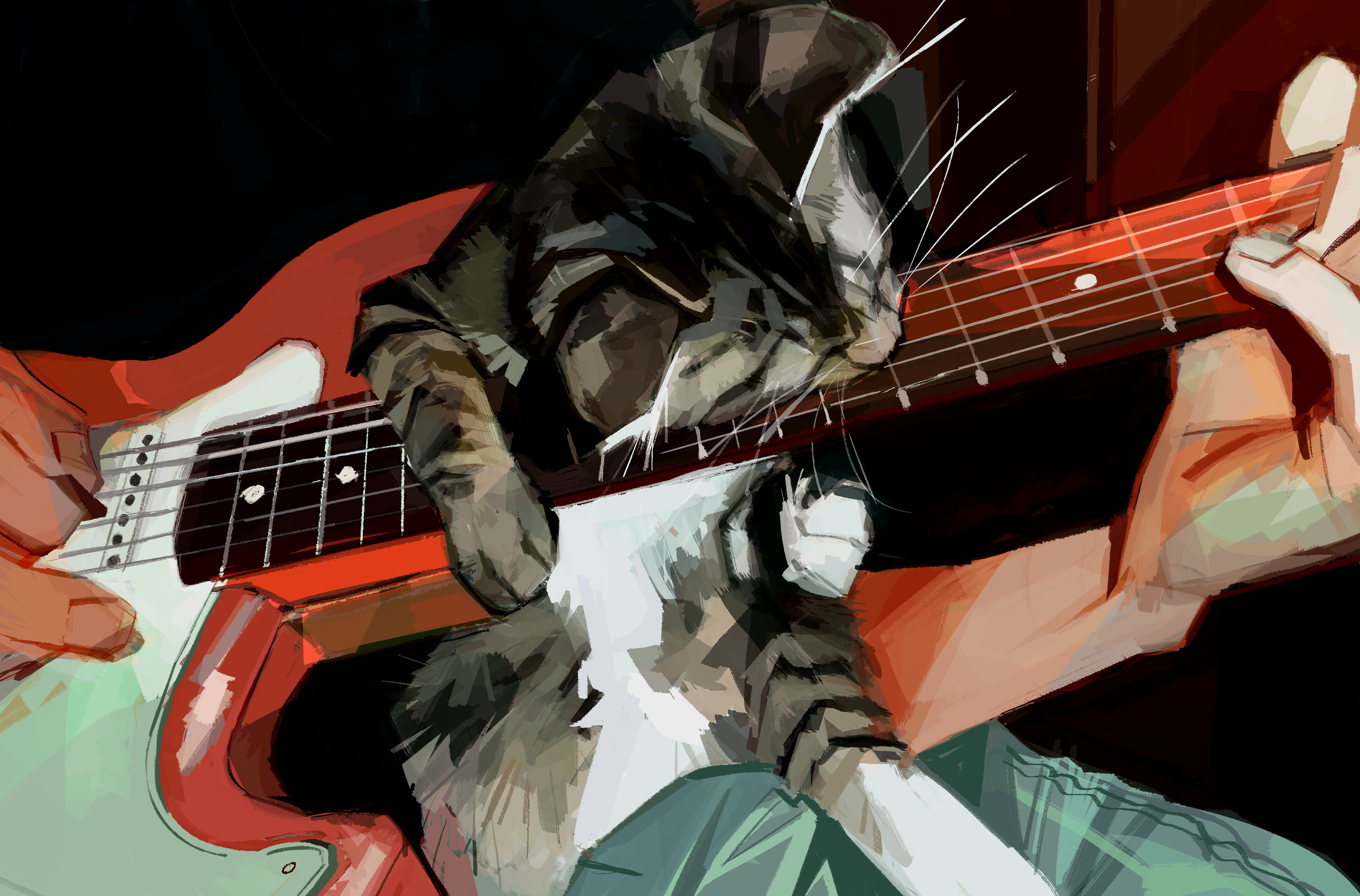 Art of a kitten playing a guitar