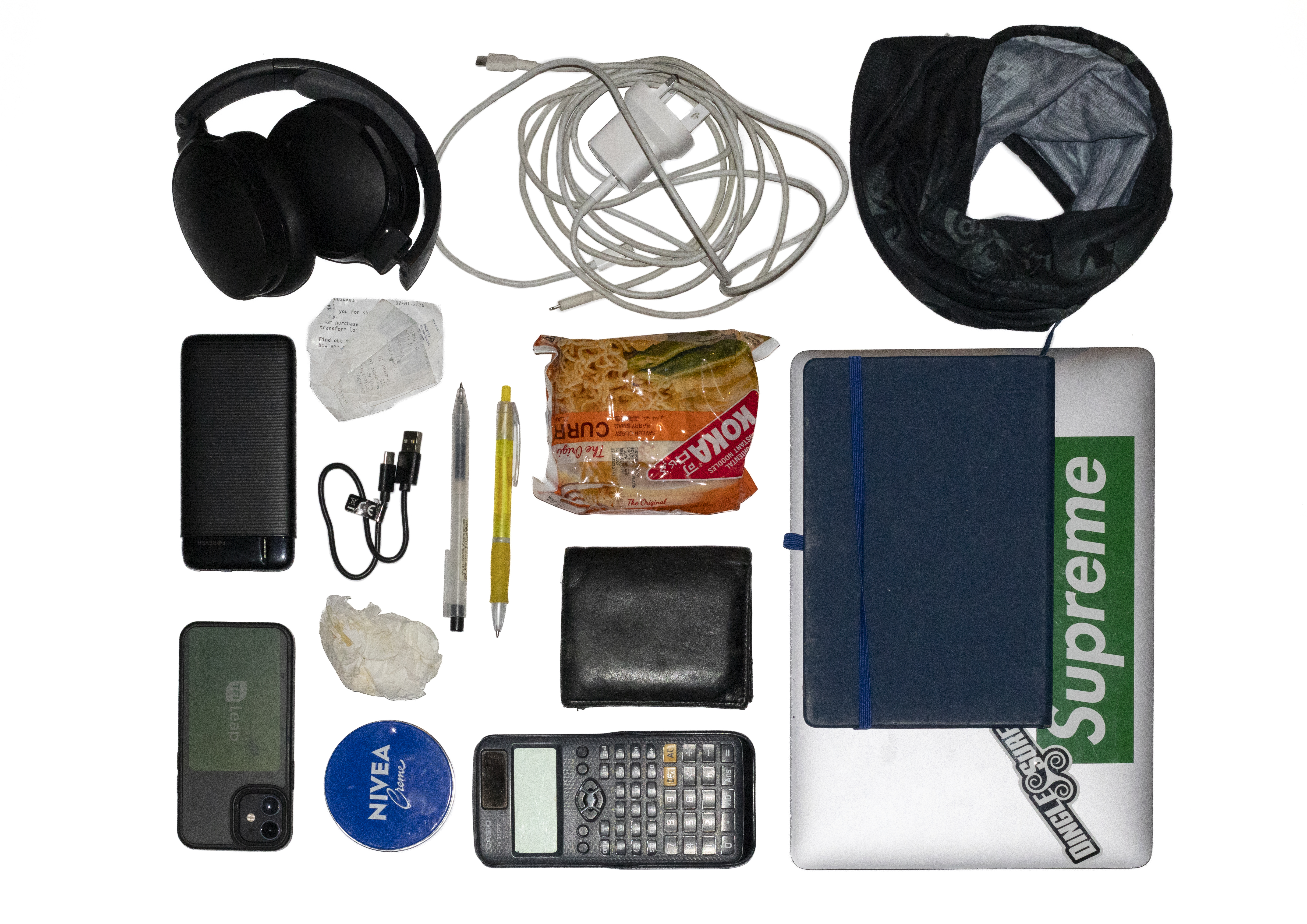 Photograph of the objects in someone's bag