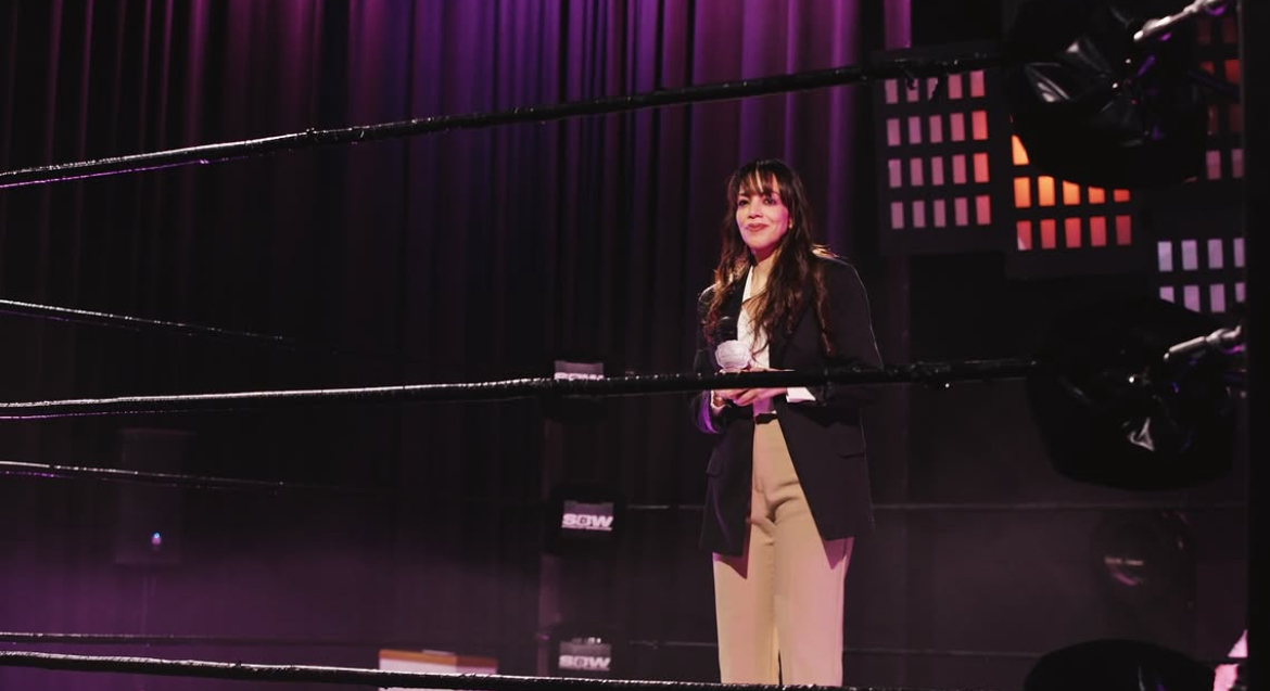 Image of Female Wrestling Presenter standing in Wrestling Ring