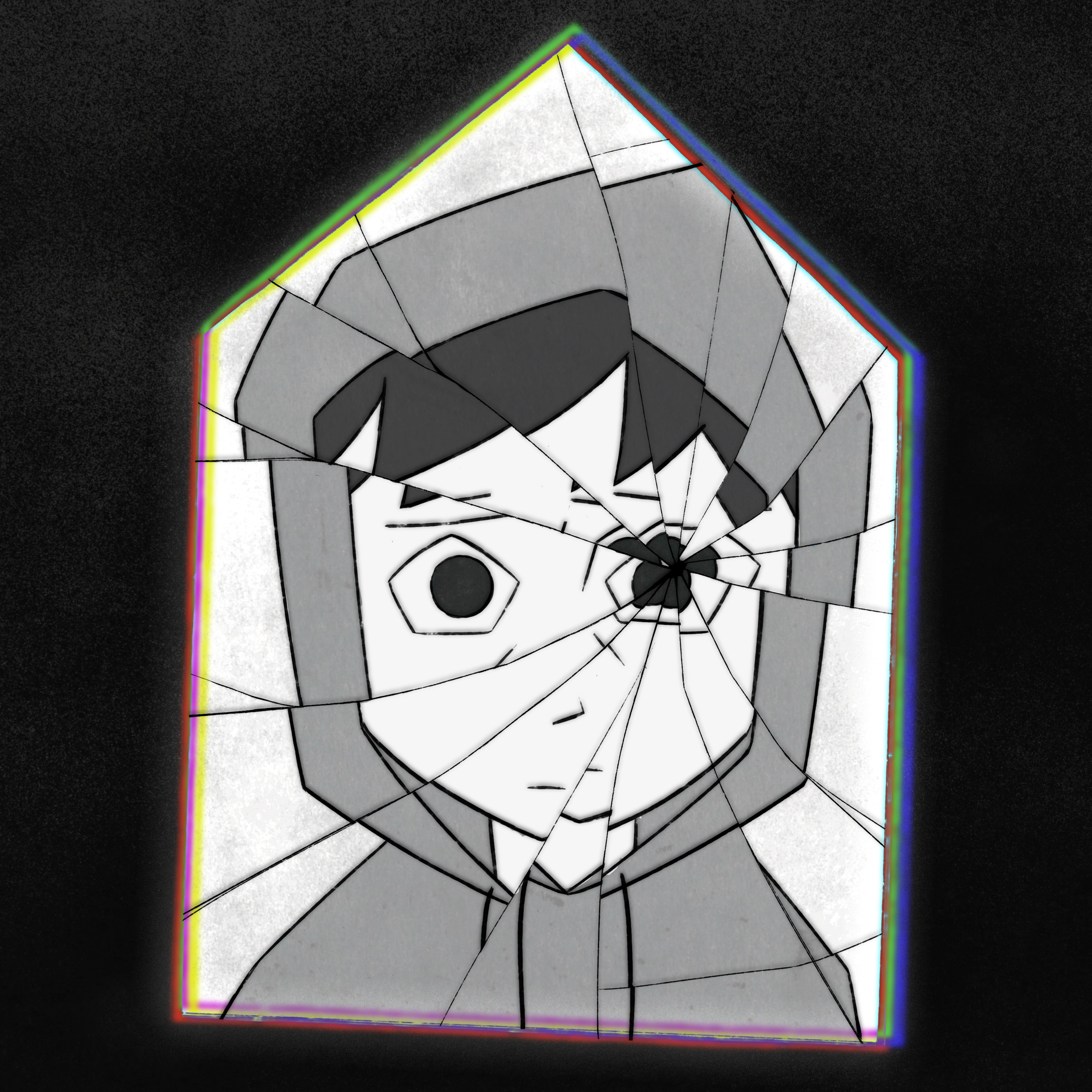 Face of Homesick's main character in a cracked house-shaped mirror