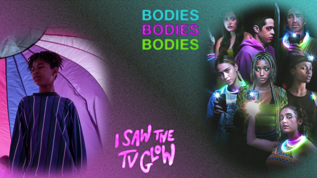 a purple and green hazy background with two pictures of the characters from the film bodies bodies bodies and Owen from the film I saw the TV glow with the titles of both films
