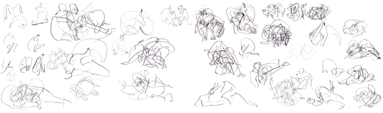 A selection of blind drawings of BJJ sparring practice.