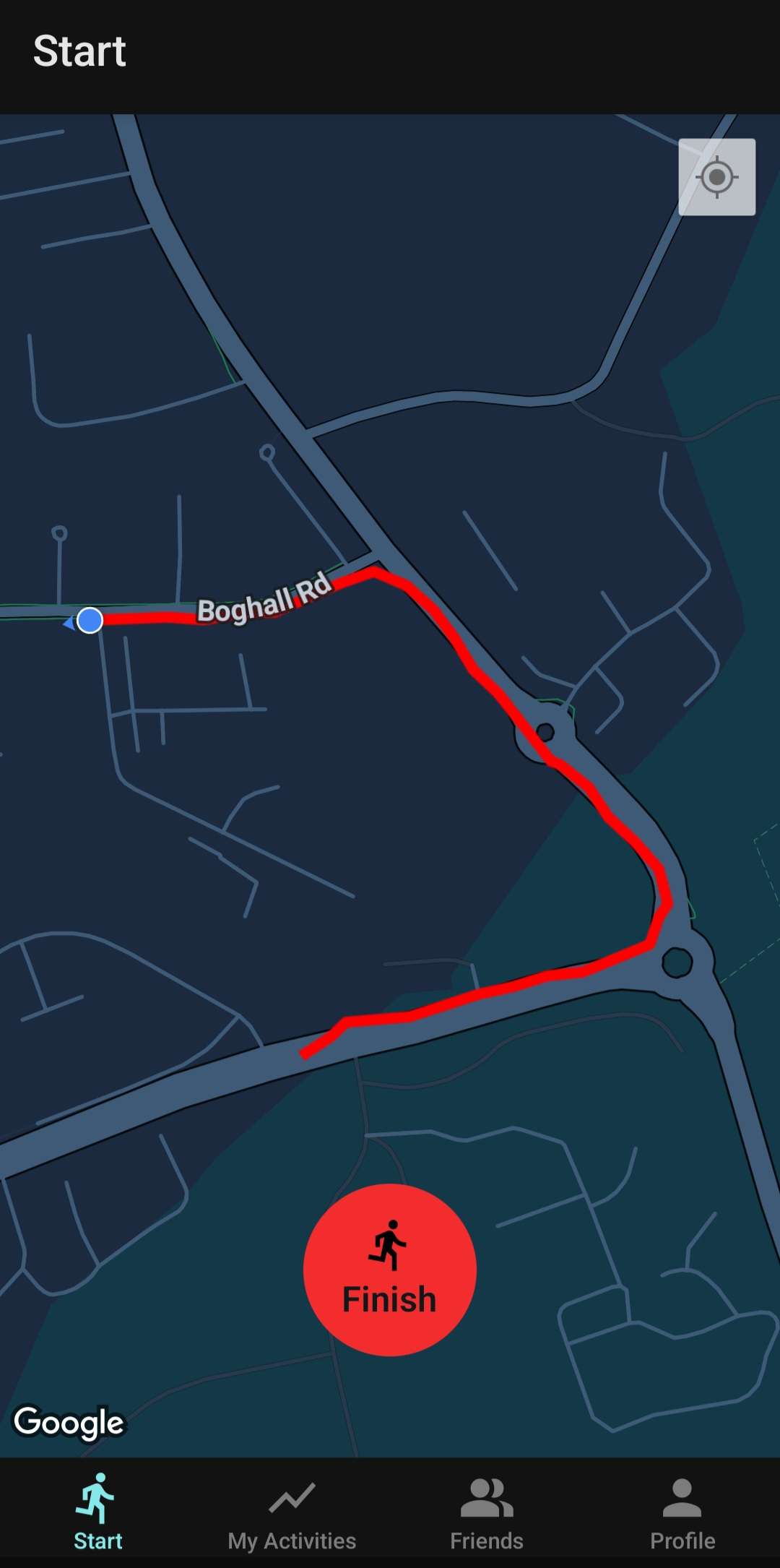 A screenshot of the map view - a marker showing the user is followed by a red trail representing the route they walked