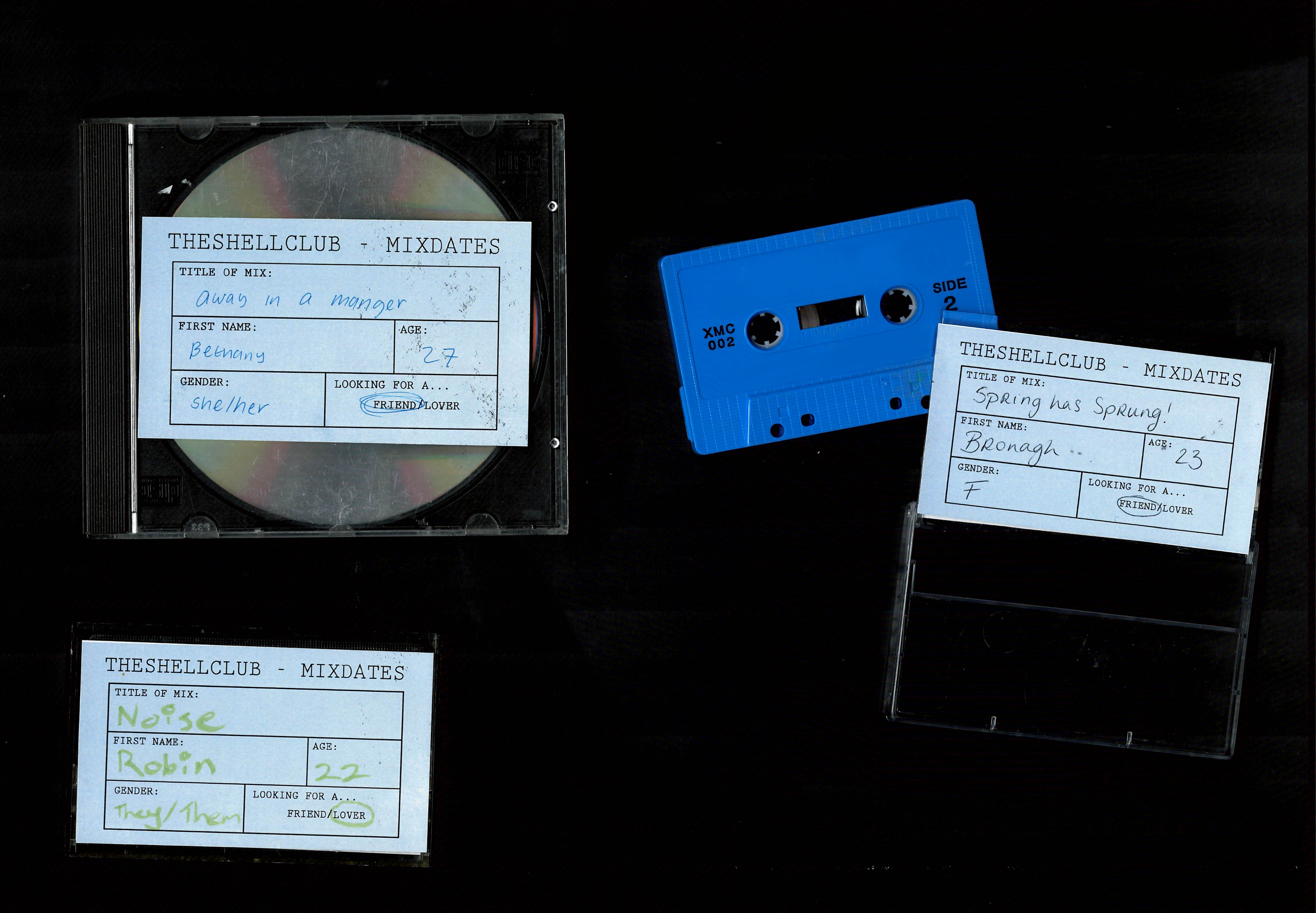 Selection of cassettes and CDs with the mixdates stickers on them