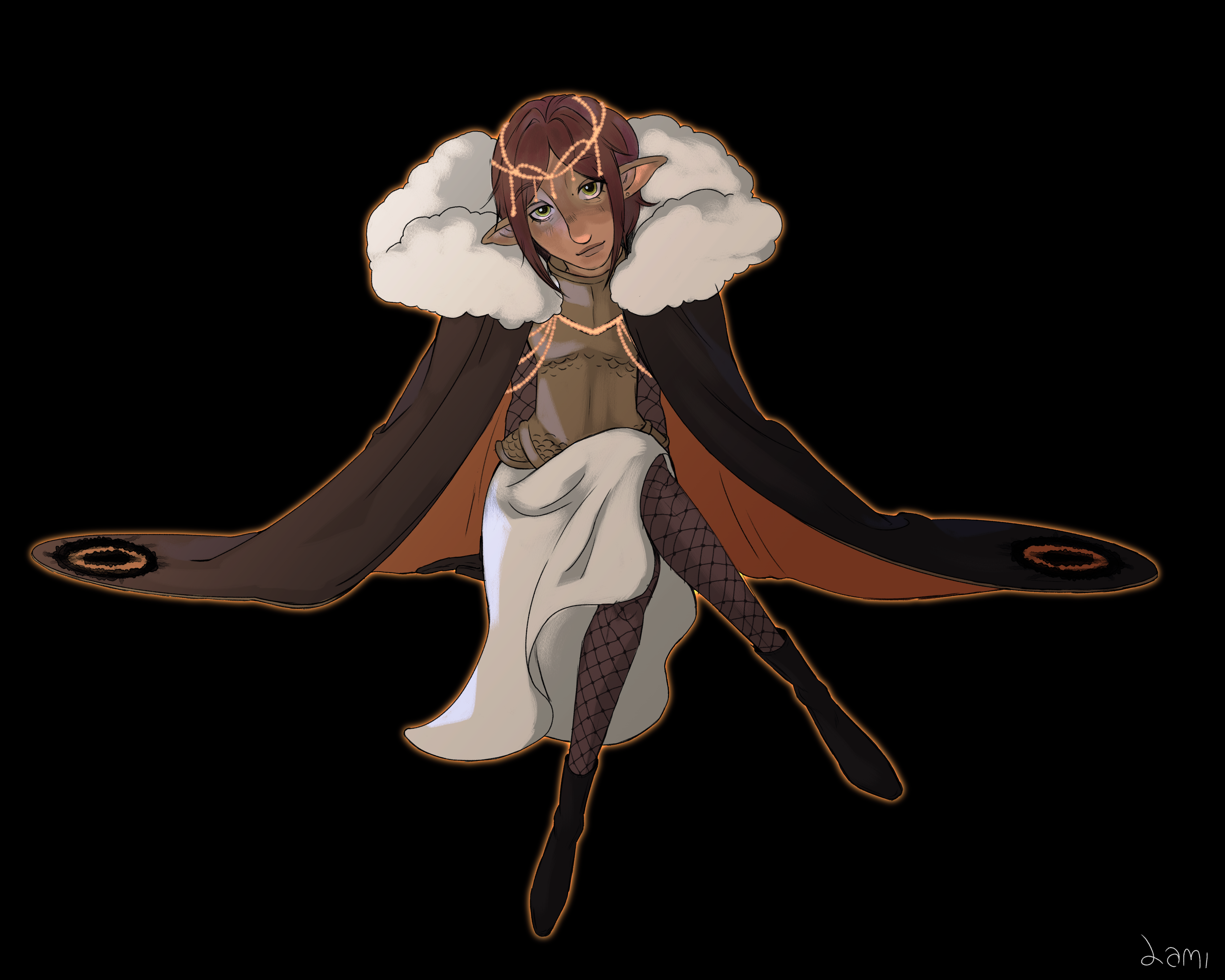 a digital illustration of a dnd elf in a black cloak