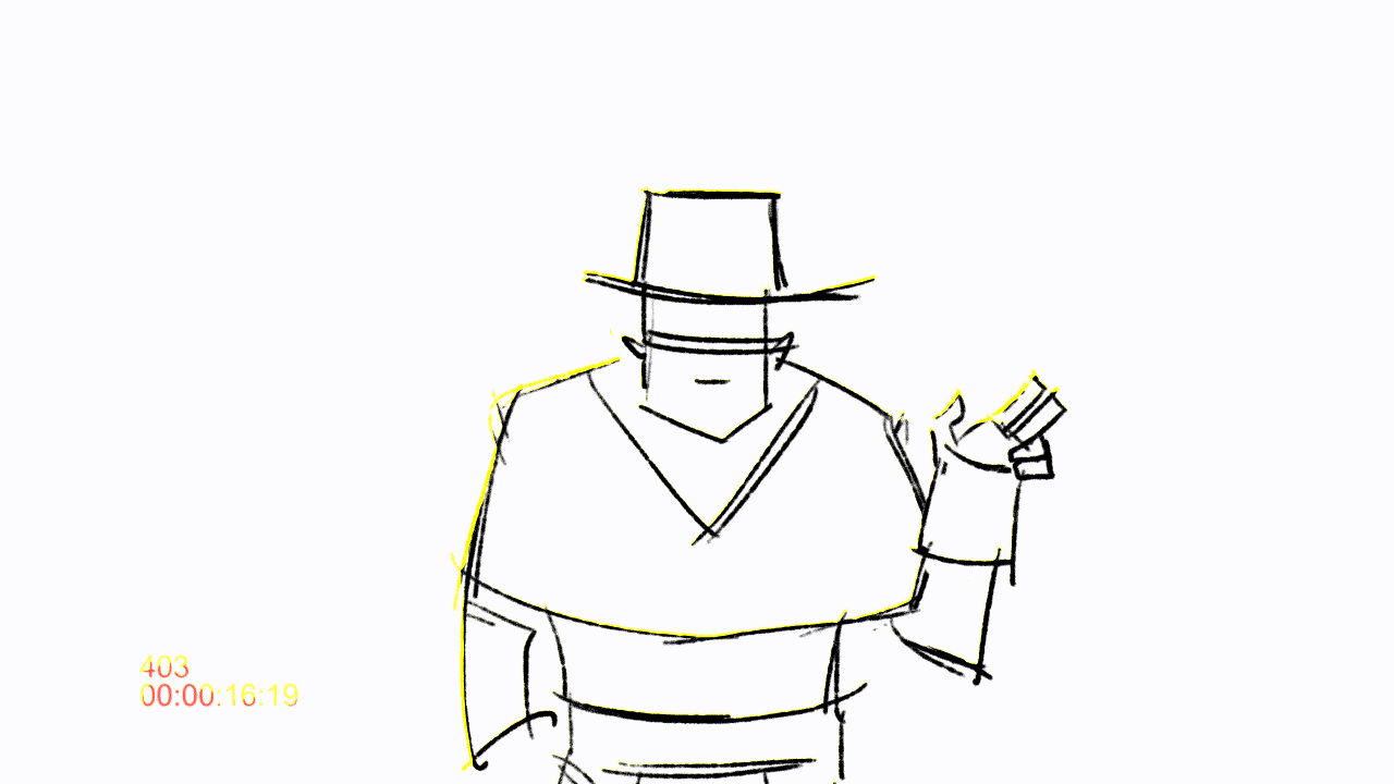 Animated sequence of a character smoking, followed by a gunfight between two characters.