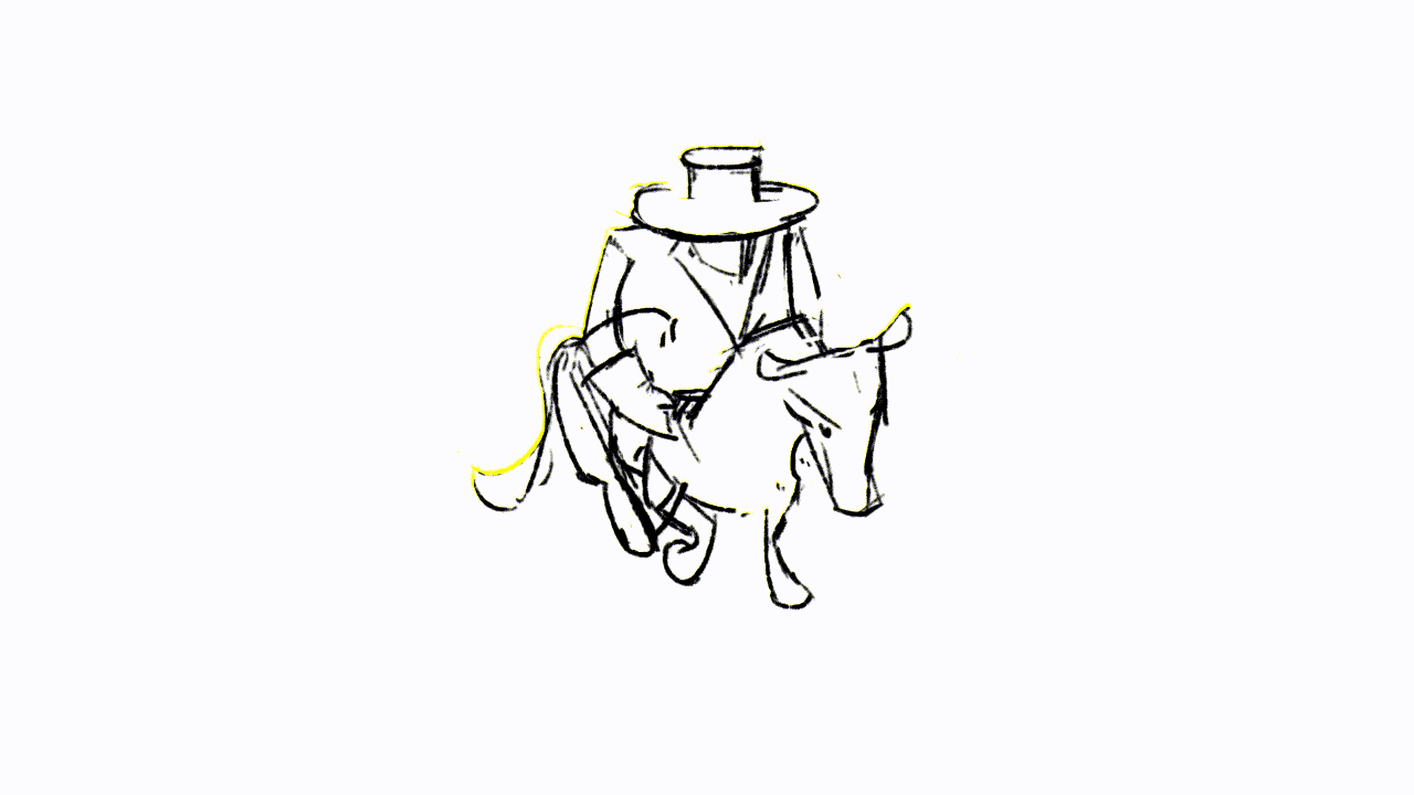 Animated loop of a horse walking, with a rider in a wide-brimmed hat