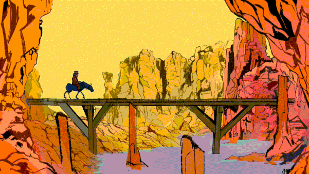 Animated sequence of a horse walking across a wooden bridge, followed by a character passing in front of a bulletin board.