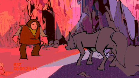 Animated sequence of a character evading attacks by wolves