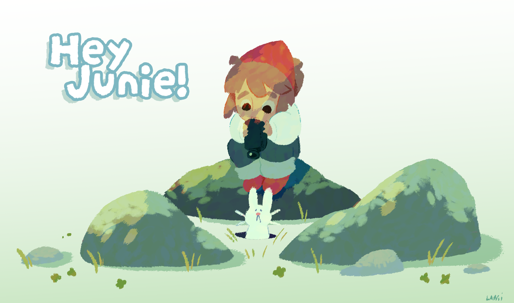 an image of a girl sitting on a rock taking a picture of a rabbit