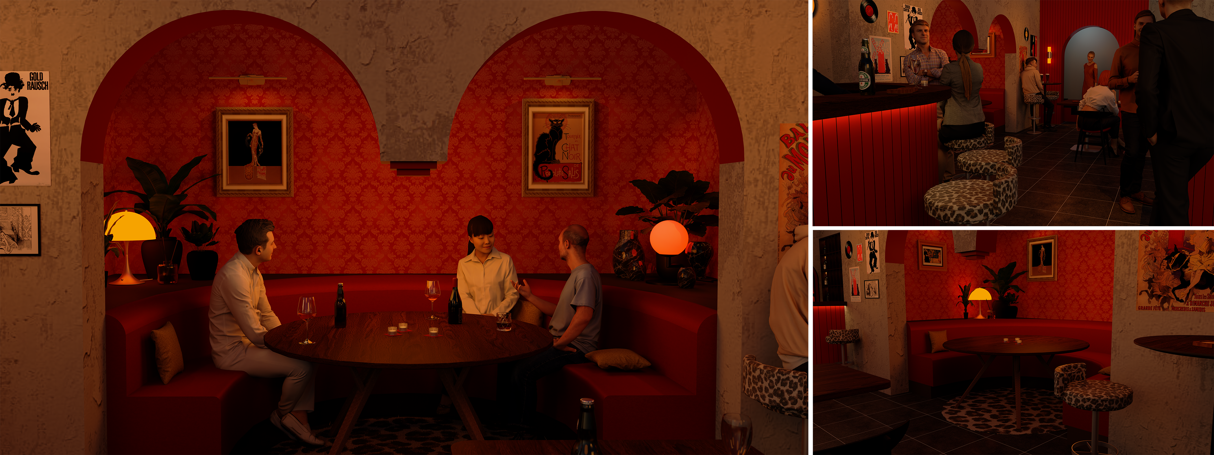 3 images of a digital render. The leftmost one is of an alcove in a bar with red walls and stone arches. Top right is a view of the entrance of bar, a red bar visible on the left forefront. Bottom right is the same alcove, but viewed at an angle, with nobody sitting there.