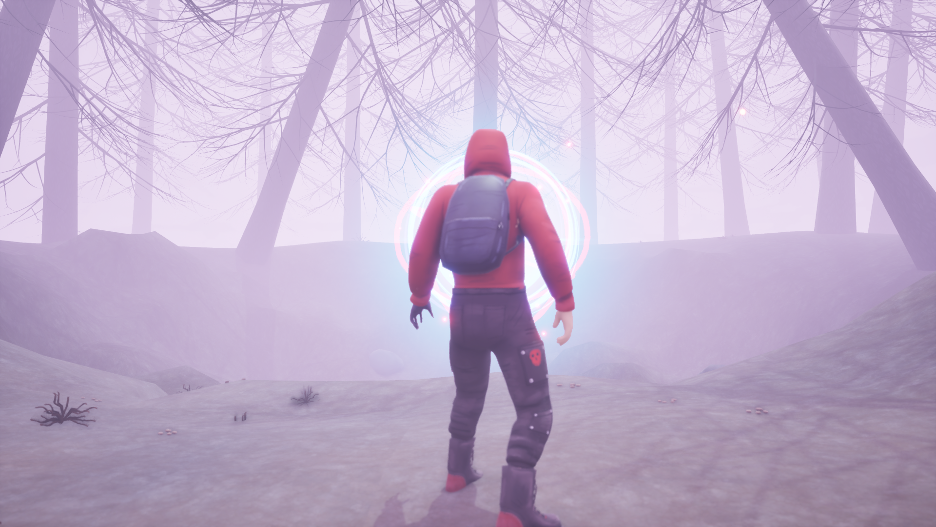 A character Named Keegan stands cautiously in front of a creator, in it floats a mysterious sphere of energy, they are in a foggy and desolate forest