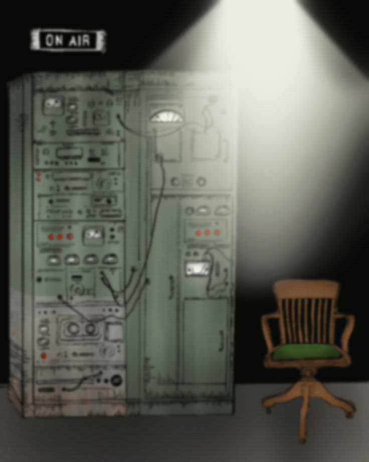 Animated gif of a darkened radio room, illuminated by a harsh light and beeping red buttons. Radio wires and various equipment line the wall and an "ON AIR" sign is visible above. To the right, a single dark wood chair is empty.