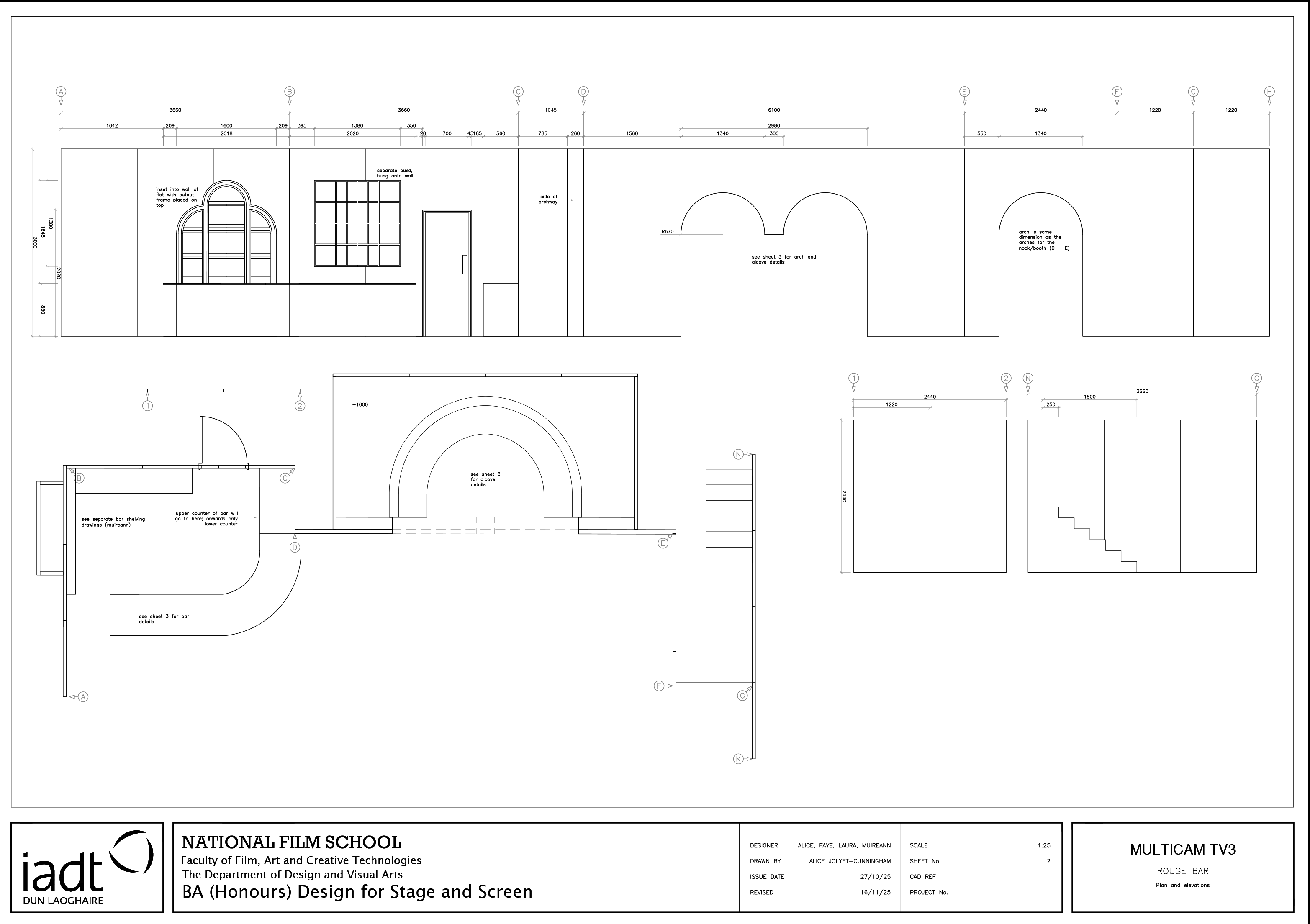 Black and white construction drawing, showing a plan and extended elevations.