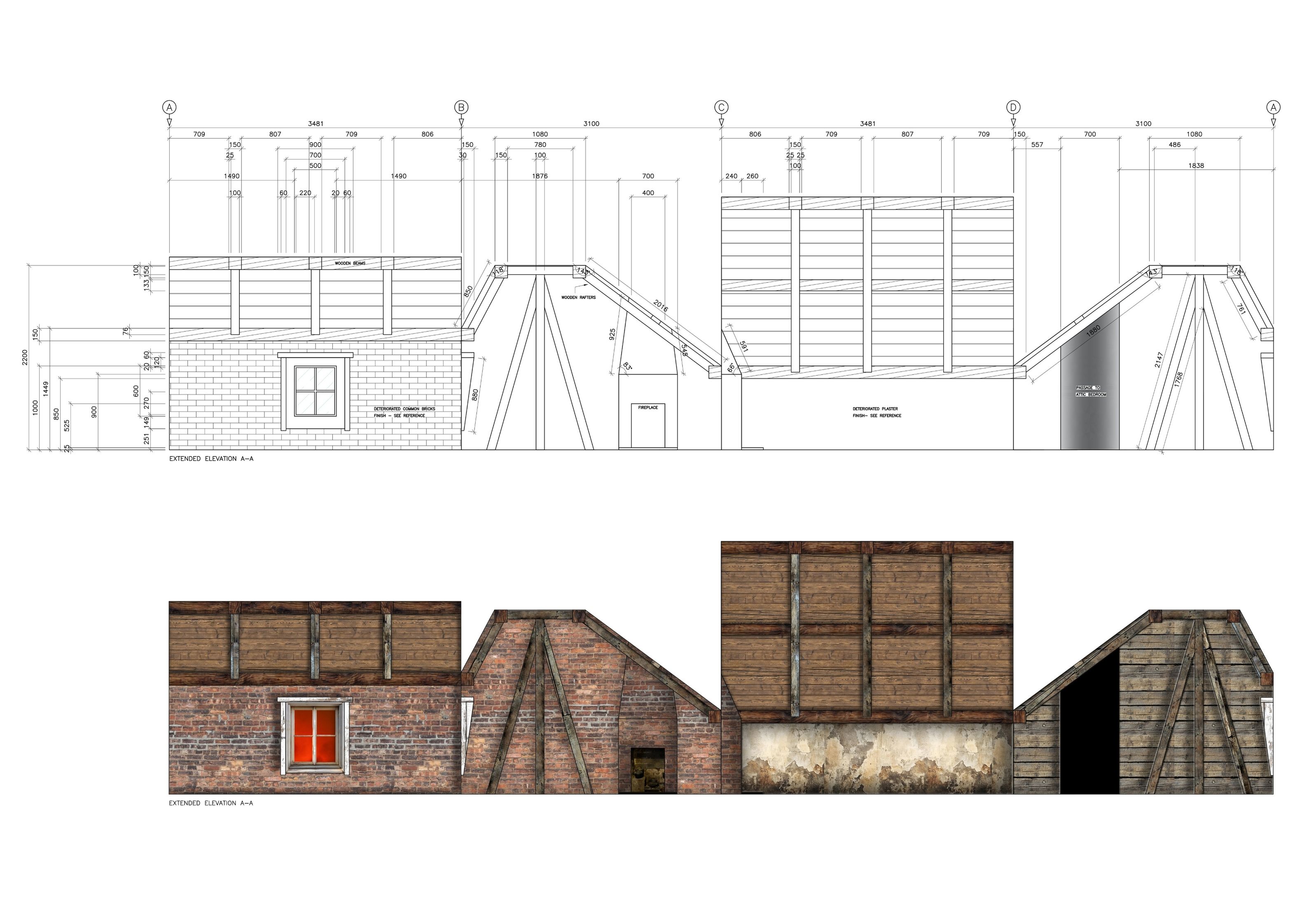 AutoCad construction drawings and scenic painted elevations of Bessies attic 