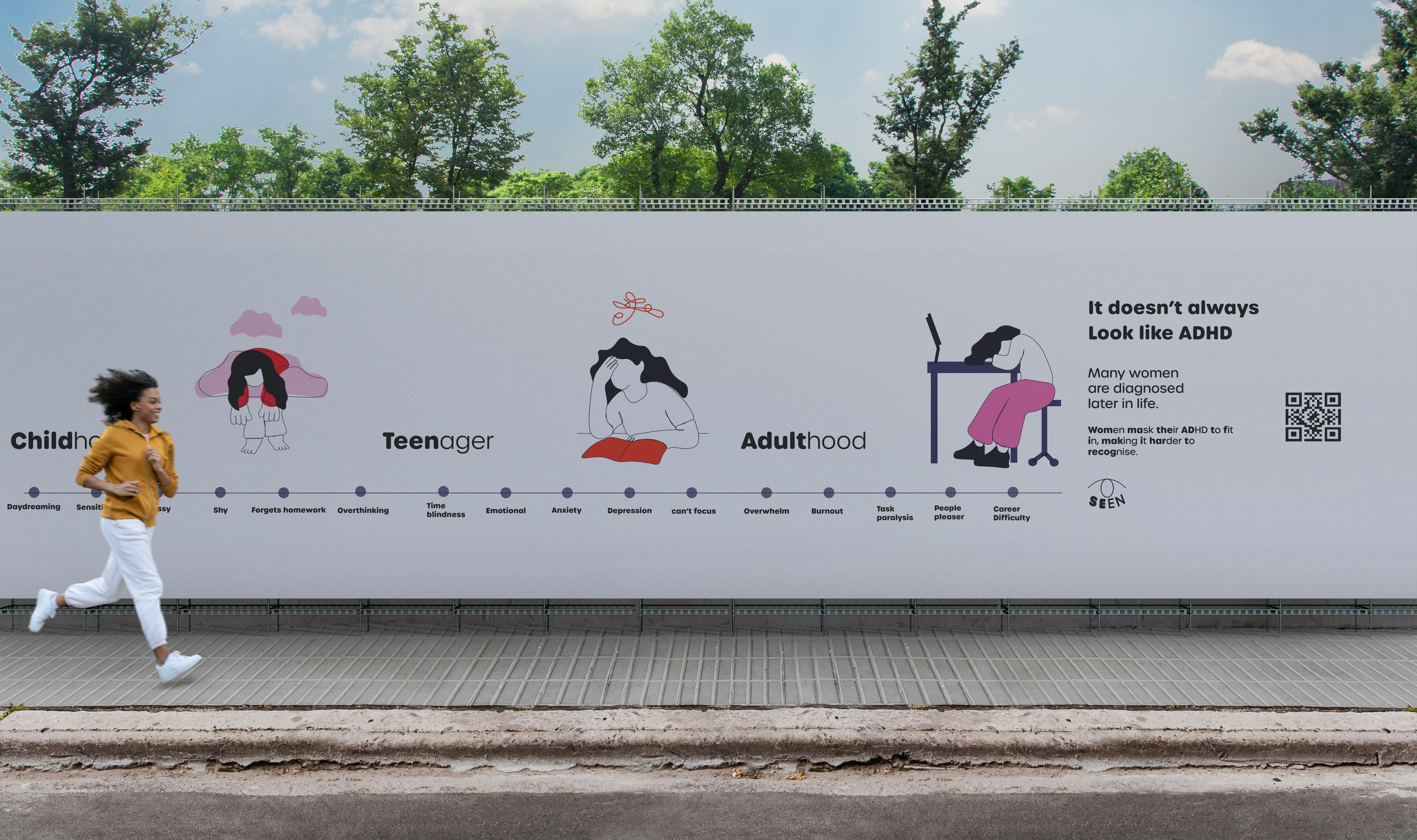 Public timeline installation visualising ADHD symptoms in women from childhood to adulthood through illustration and awareness-led design.