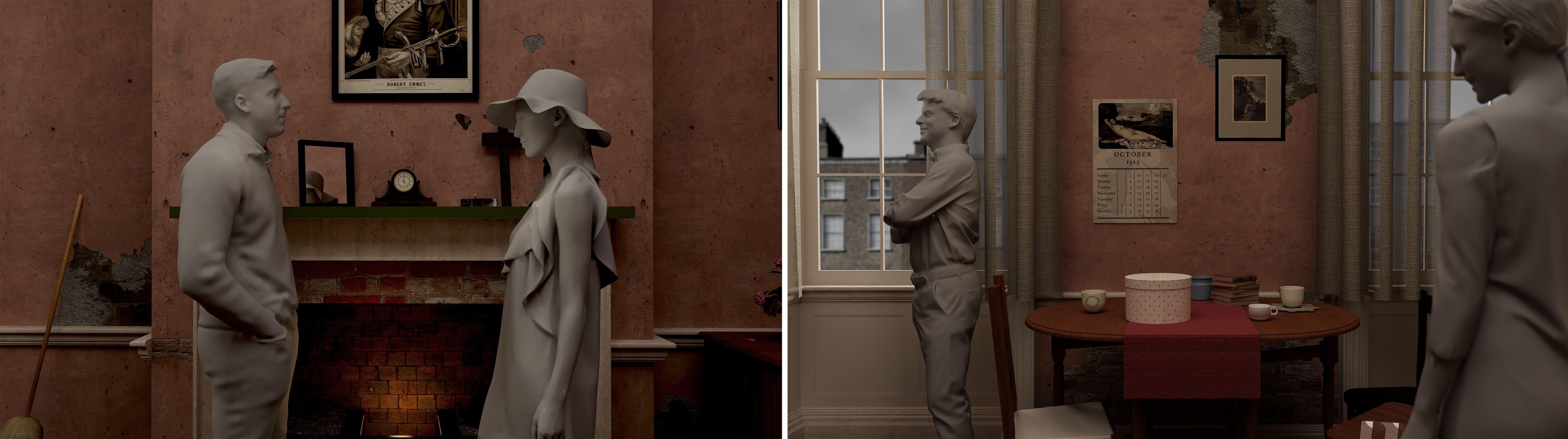Two images of a digital model. The left is a man and woman facing each other in front of a large fireplace. The right shows a wall with two large windows. The man leans on one; on the right, in the foreground, the woman is entering the frame.