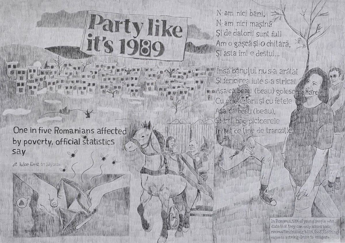 A drawn out collage containing text in both Romanian and English, Romania depicted in the TV show "South Park", people drinking, an article on poverty and a horse with a rural carriage