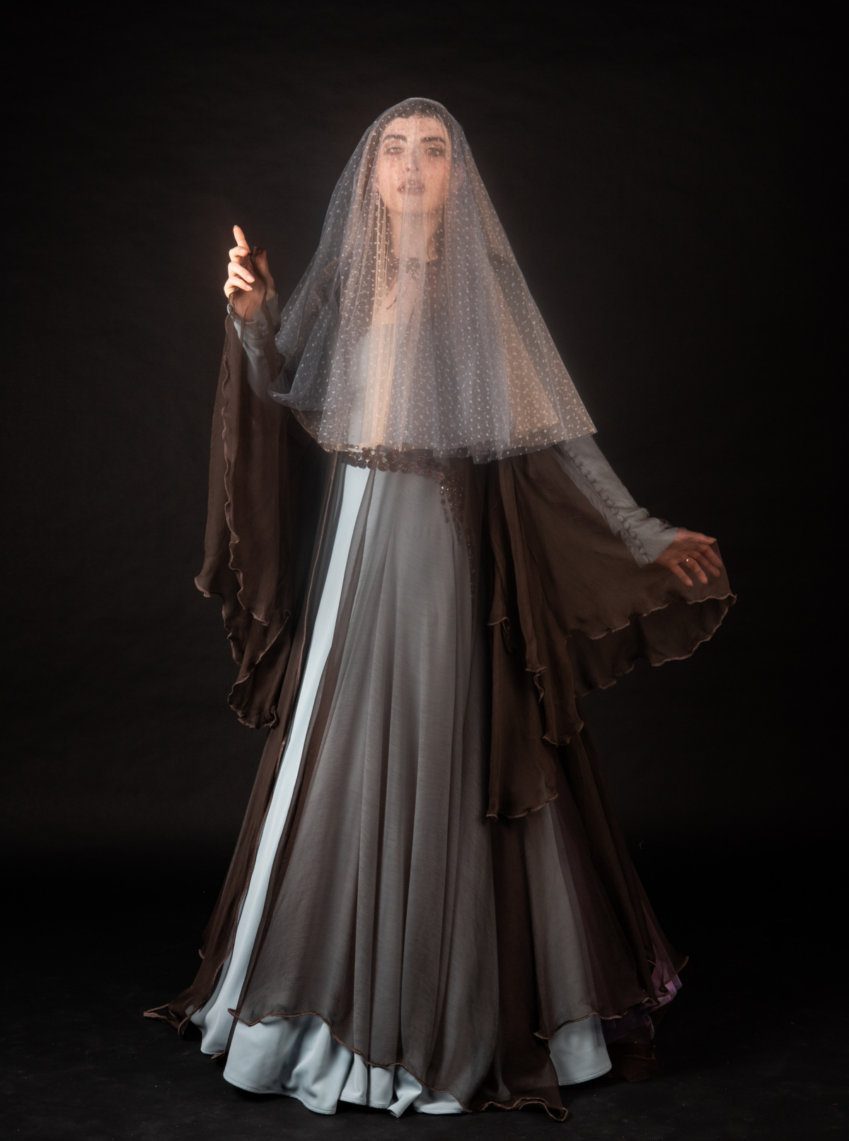 Virgin Mary blue crepe dress with a silk chiffon overcoat