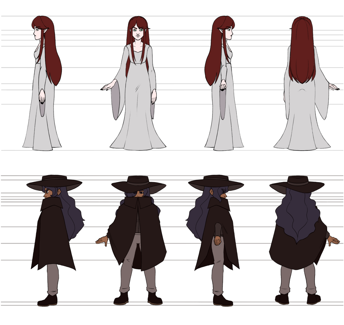 Character Turnarounds for the two main characters in 'Blood Ties'.