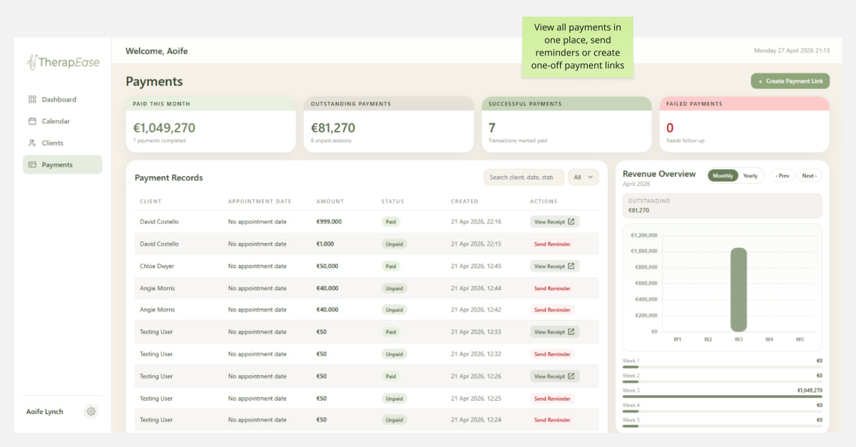 Payments page with a table showing payment links and a revenue graph