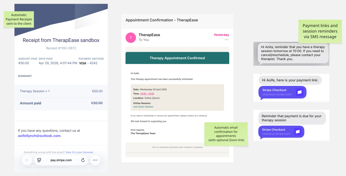 Screenshots showing a receipt, email and texts