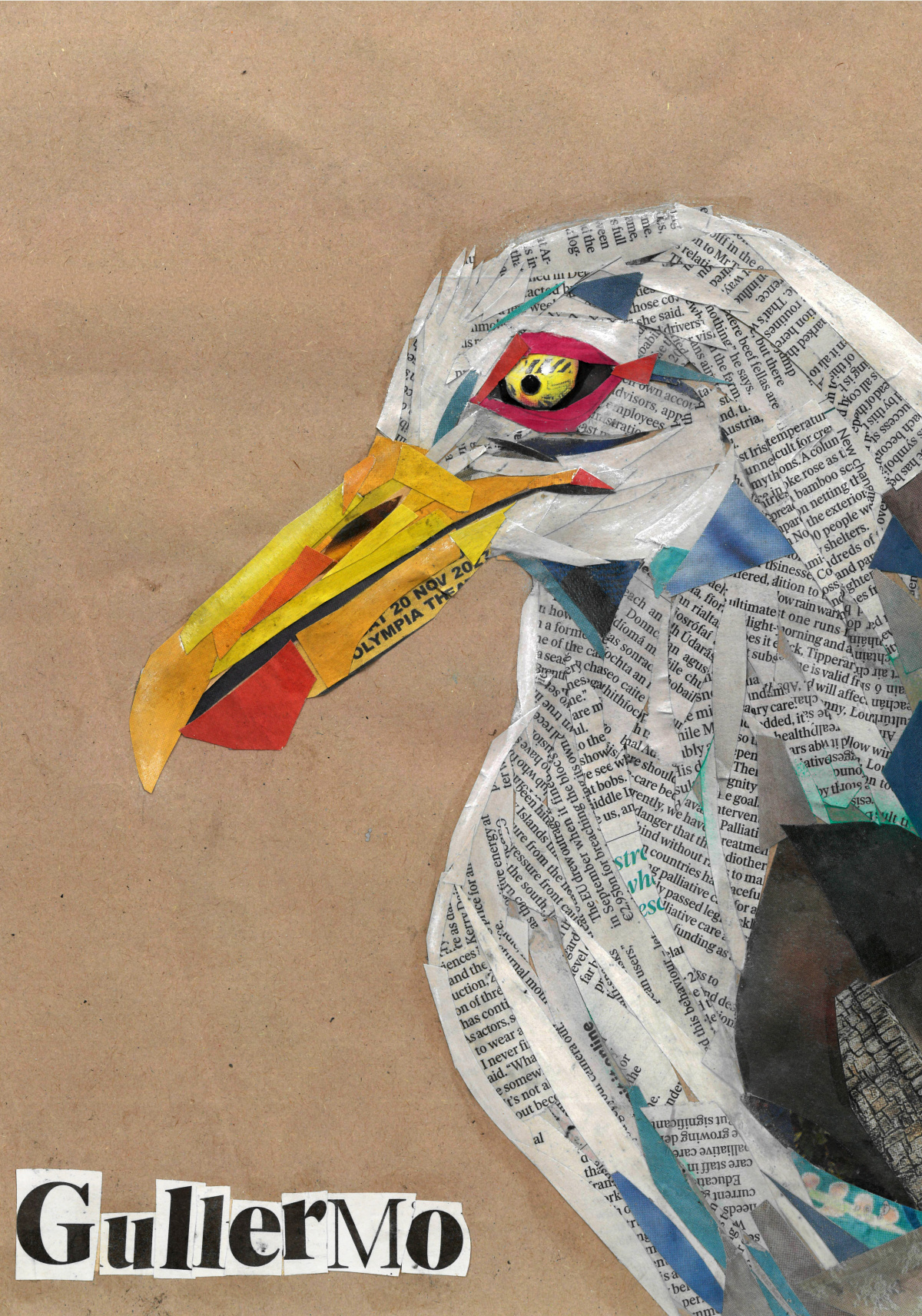 A newspaper collage of a seagull's side profile on brown sugar paper. Newspaper letters on the bottom say 'Gullermo'