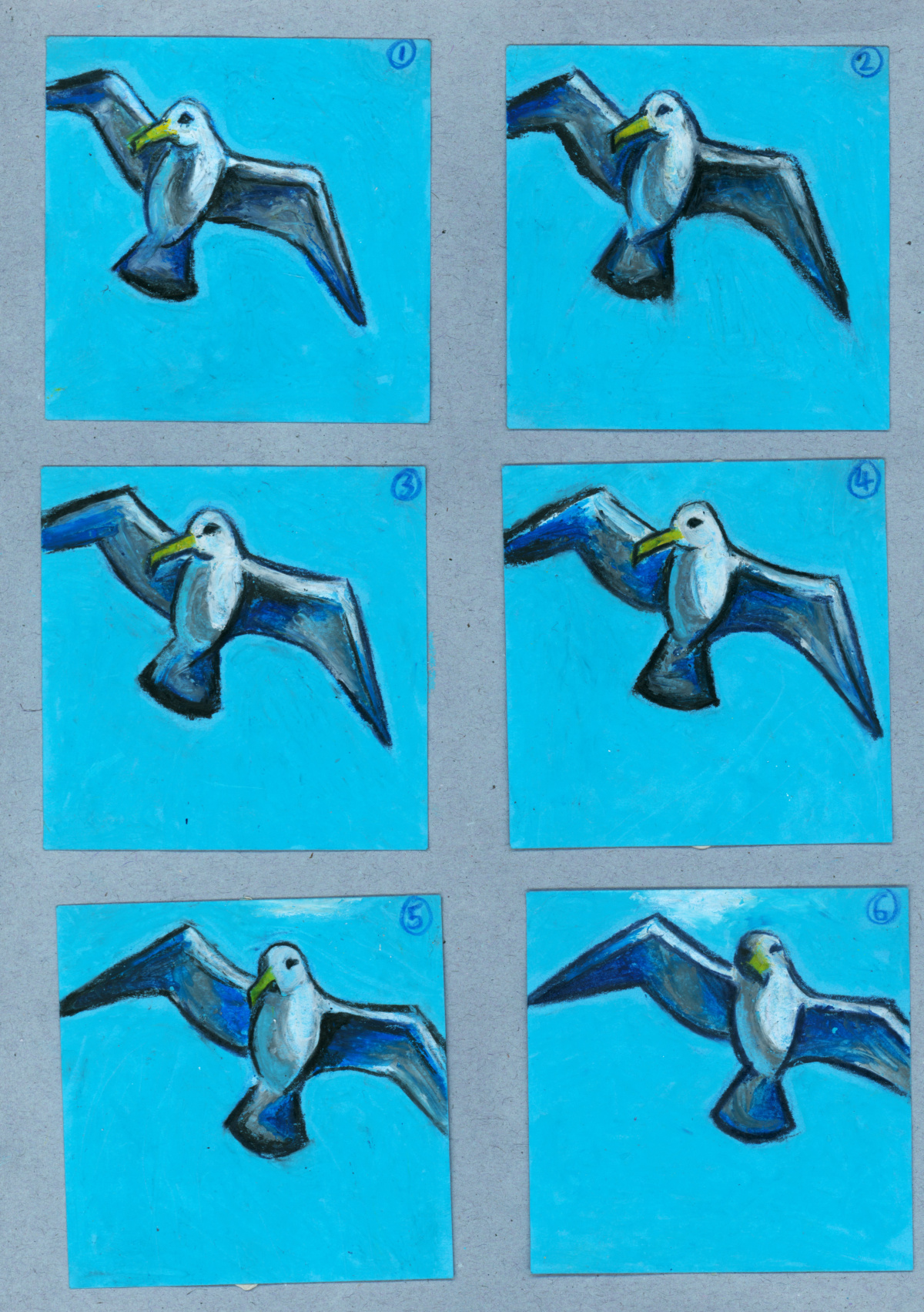 A page with six blue sticky notes on it with oil pastel drawings of a gull in flight. 