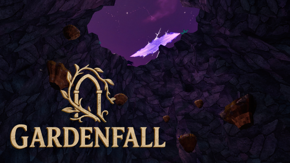 Gardenfall logo in a cavern with an open hole revealing a dark purple tinged sky with a rift cut open in it