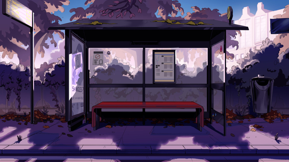 Someday (2024) background 1 - bus stop shot in an end afternoon purpleish light